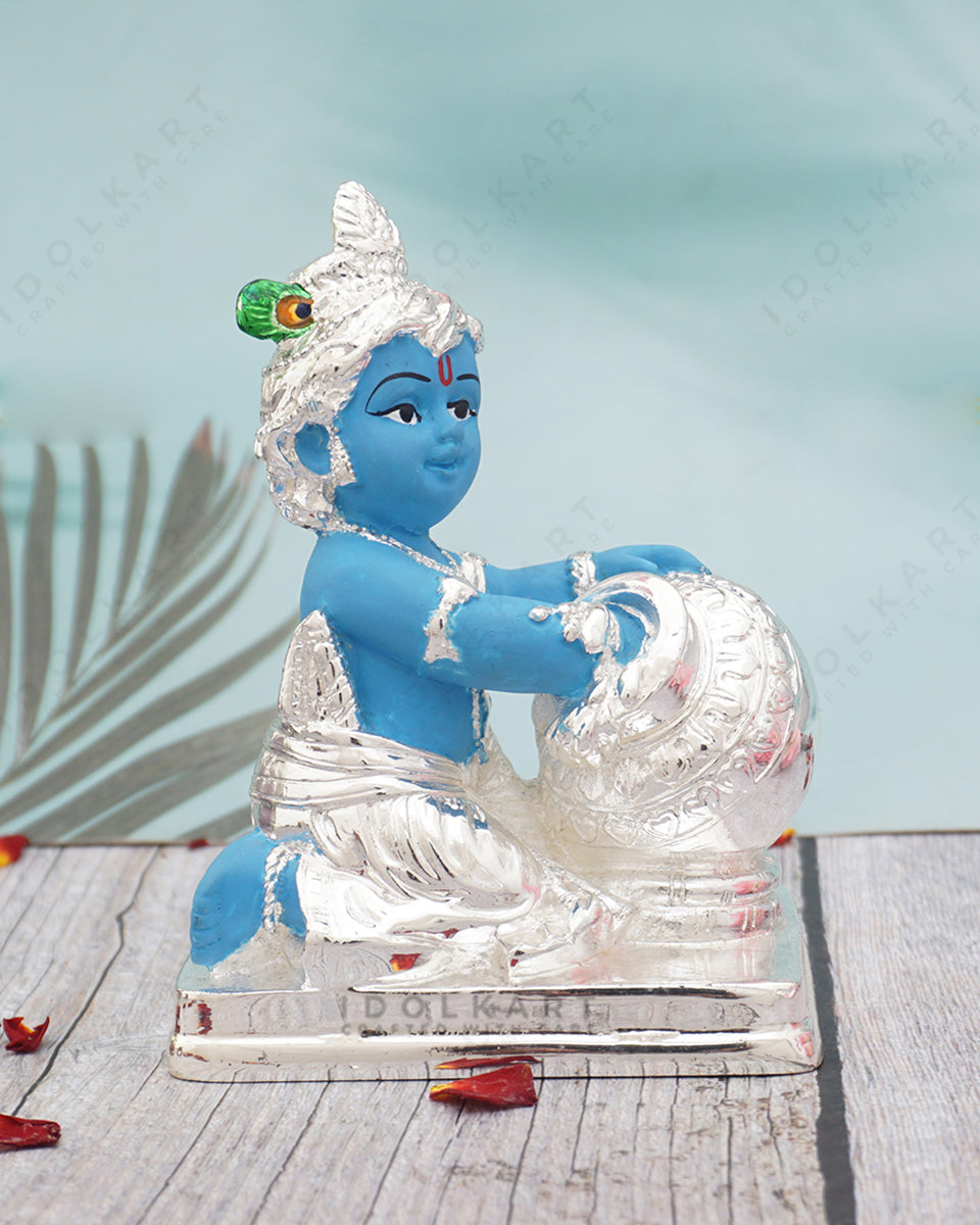 Silver Coated Krishna Idol | Makhanchor Krishna Murti | Idol of Lord Krishna | Makhan Chor Idol Kanhaji Matki | Krishna Murti for Home Office D��cor
