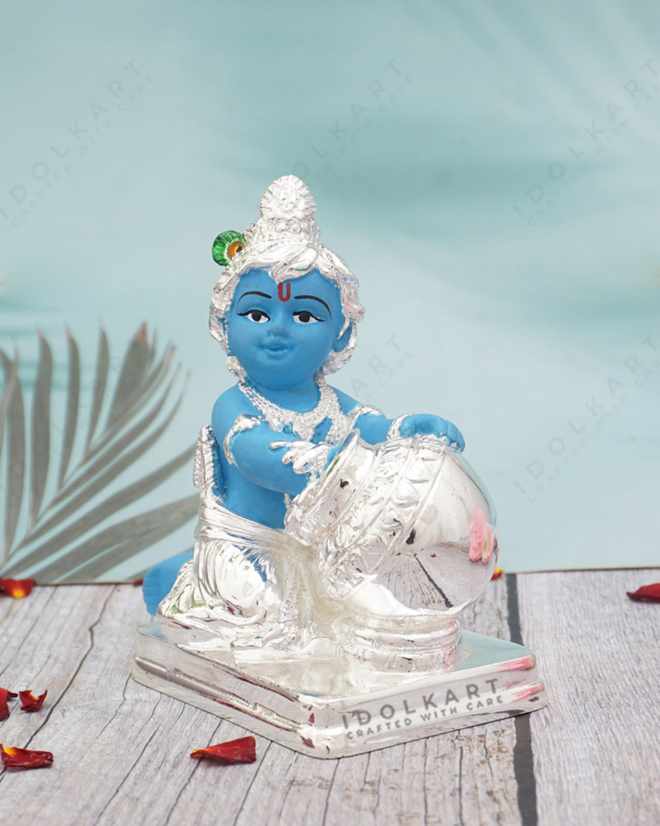 Silver Coated Krishna Idol | Makhanchor Krishna Murti | Idol of Lord Krishna | Makhan Chor Idol Kanhaji Matki | Krishna Murti for Home Office D��cor