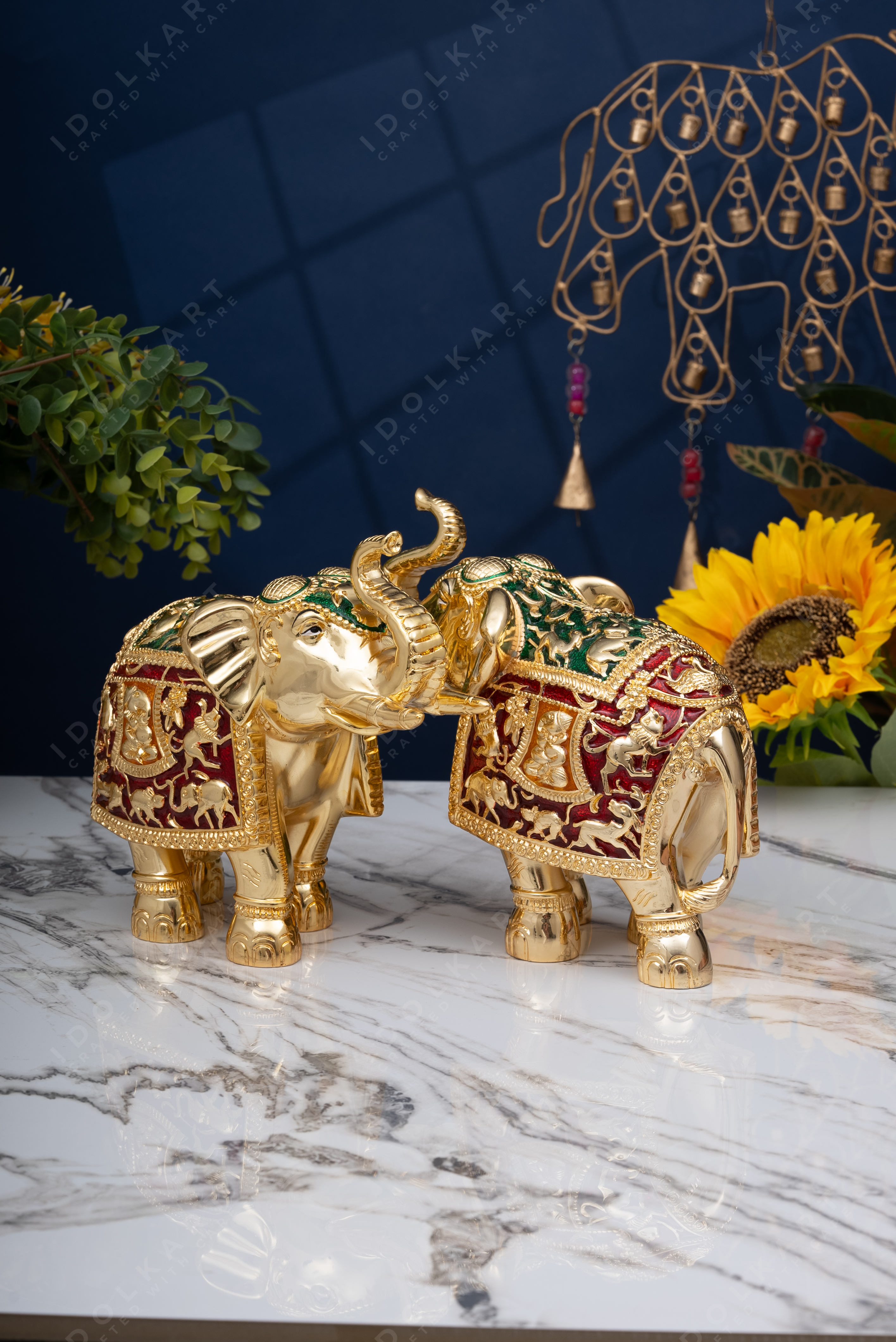 Gold-Red elephant Pair | Height: 8 in, 12 in | Idolkart