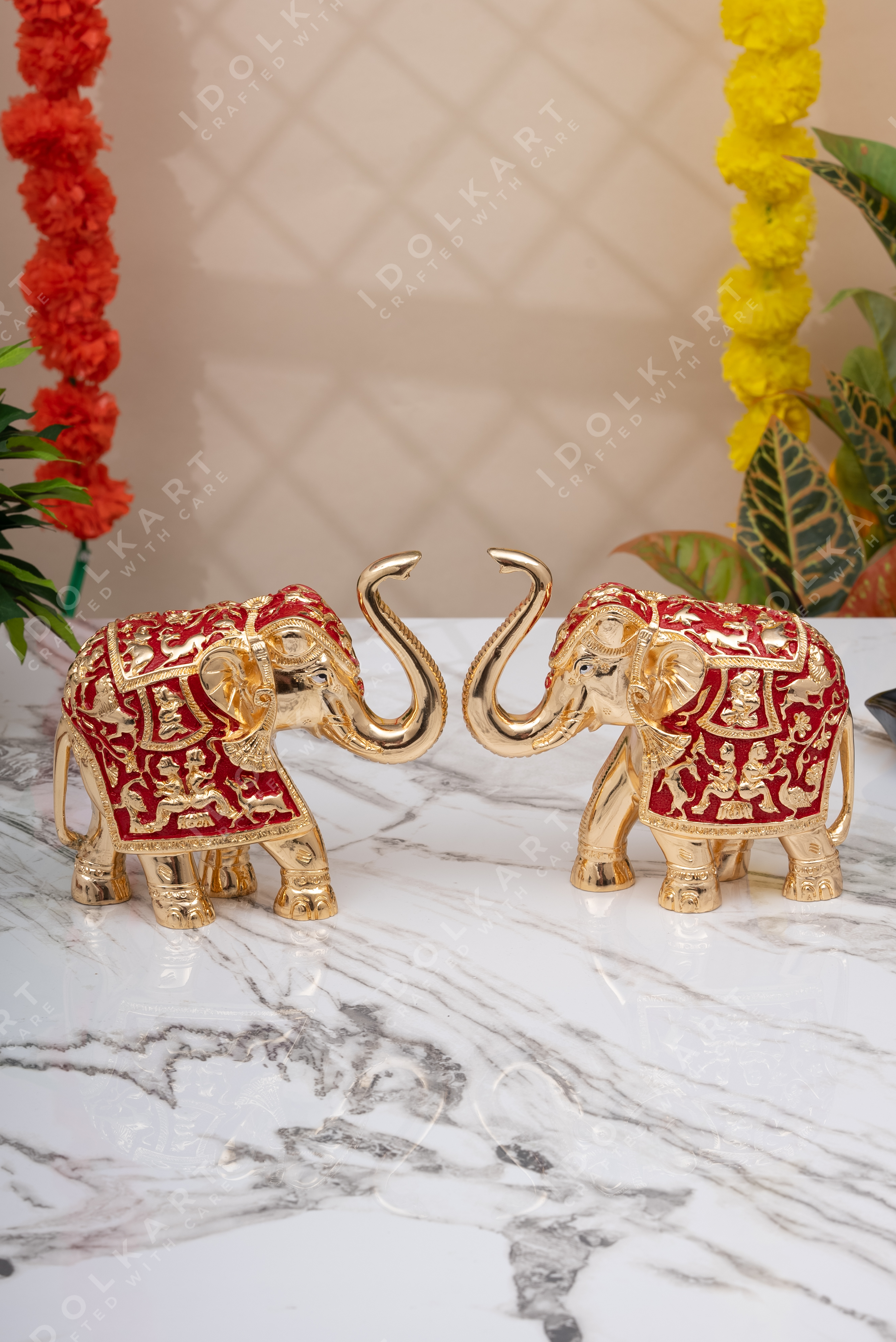 Products Pure Gold & Silver Coated Elephant Showpiece for Gifts Home Decor Marriages House Warming Diwali | Elephant Idol with Trunk Up For Vastu & Feng Shui | Pure Gold & Silver Home Decor Hathi - Set of 2