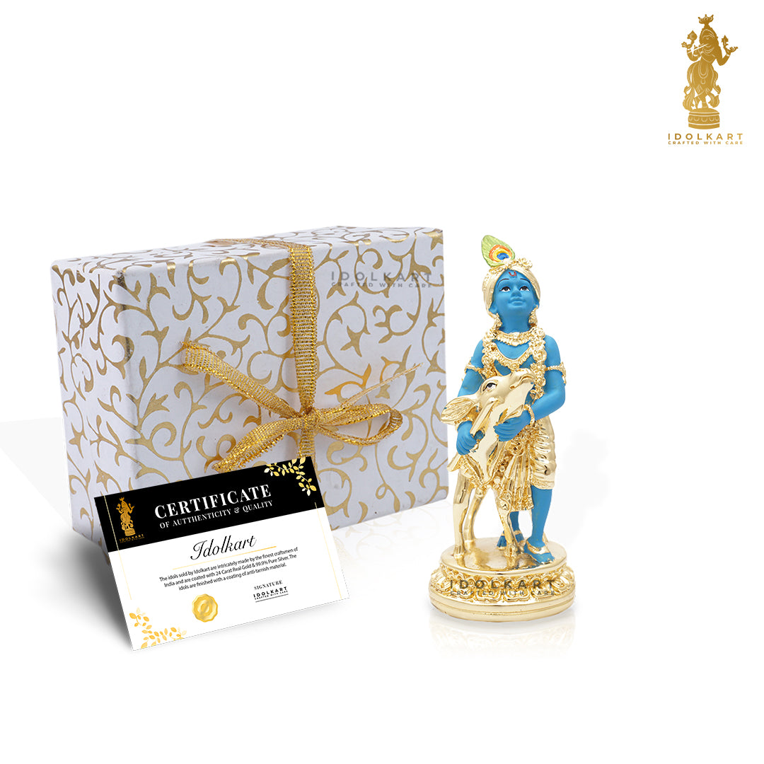 Gold Coated Krishna with Cow Idol | 6 inch