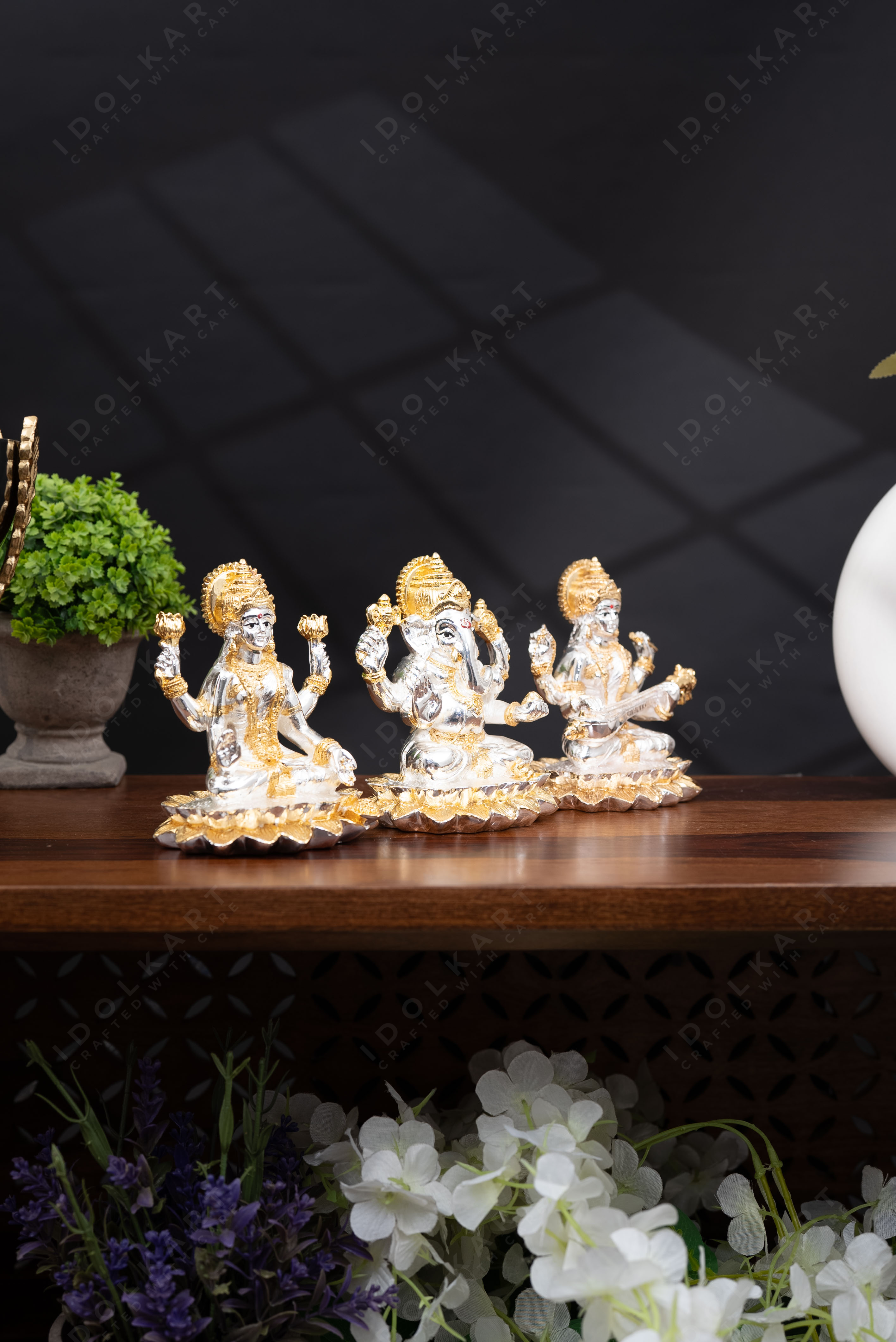Ganesh, Lakshmi, Saraswati on Lotus | Idolkart