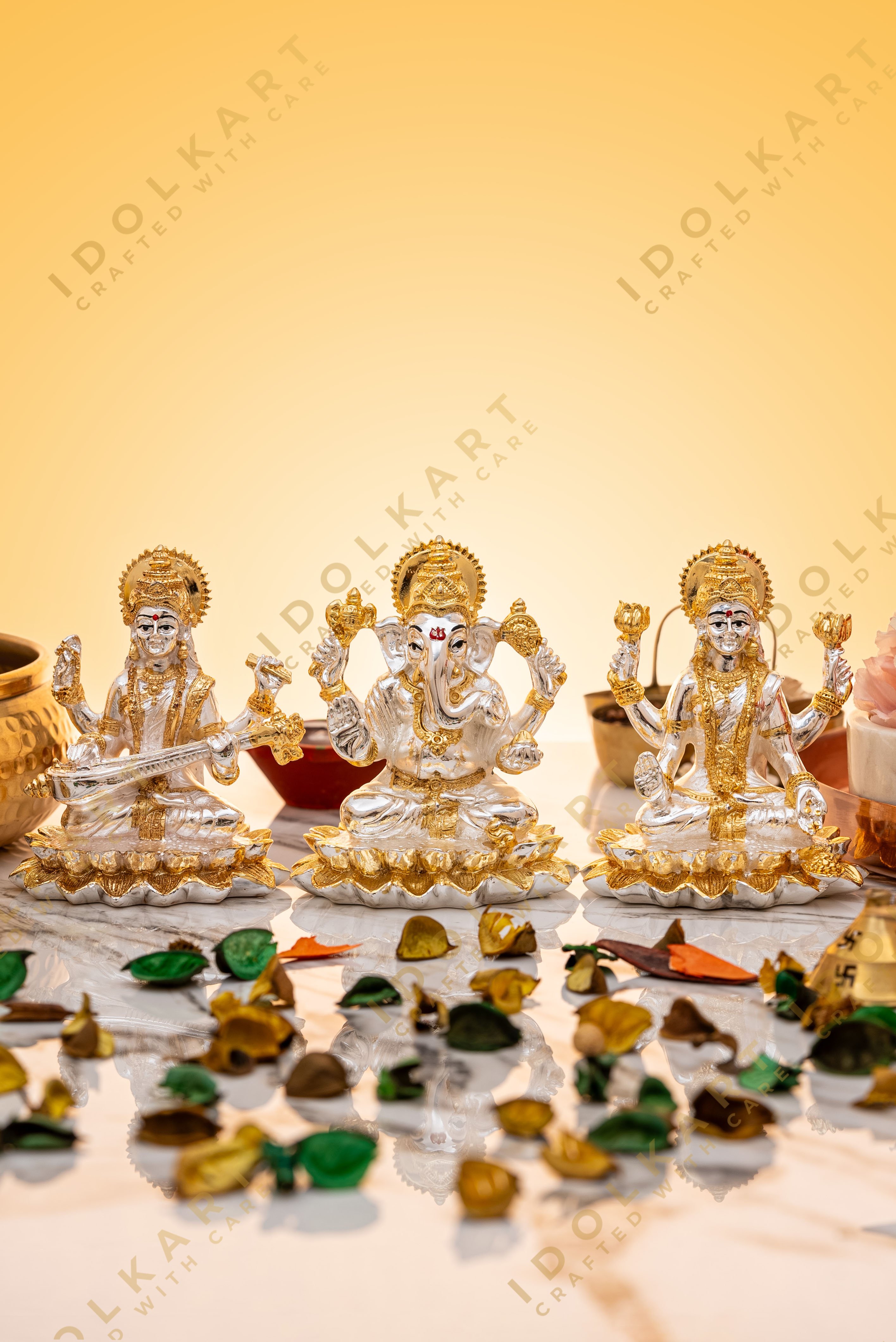 Ganesh, Lakshmi, Saraswati on Lotus | Idolkart