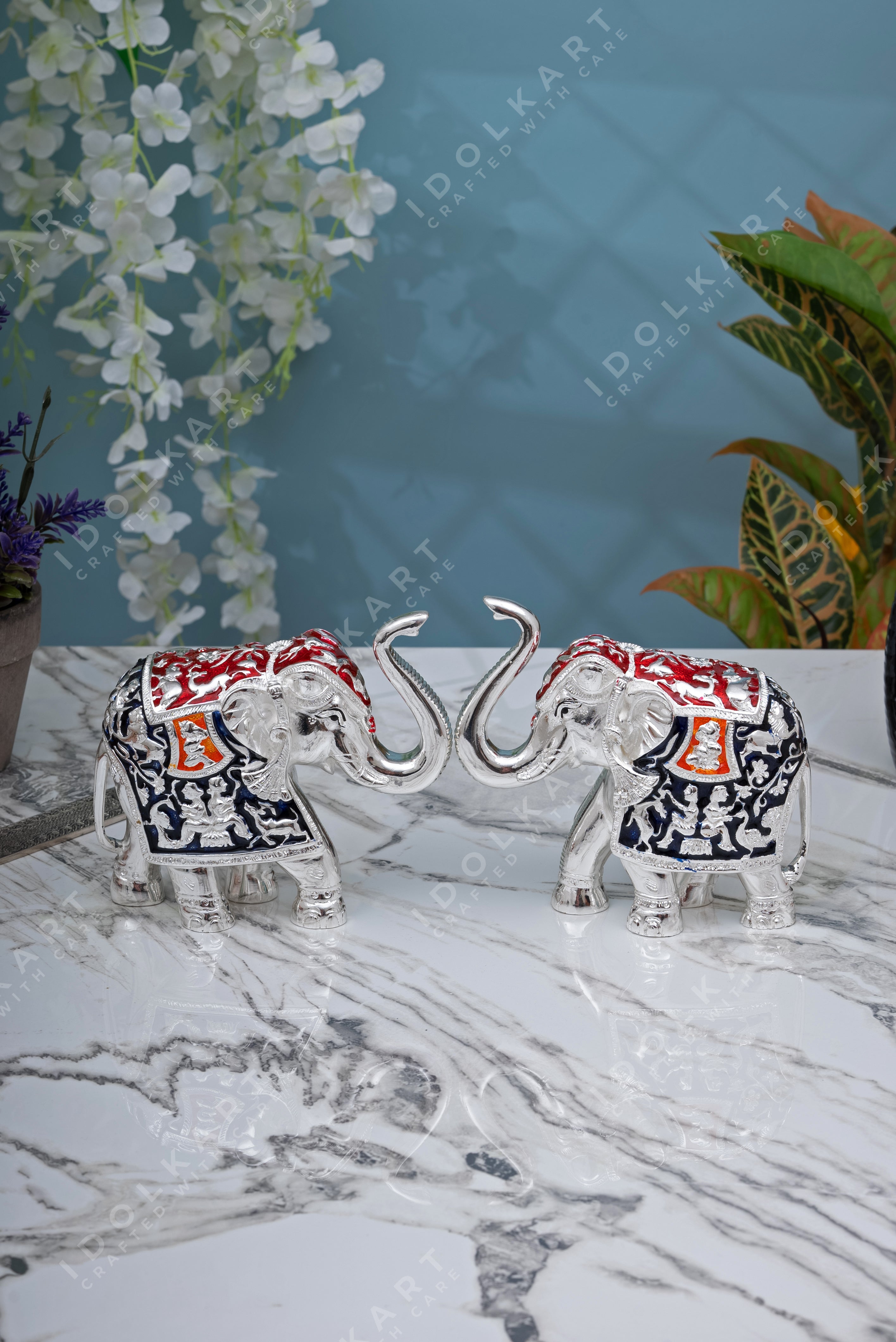 Silver-Blue Elephant Pair | Height: 2 in, 3 in, 4 in, 6 in | Idolkart