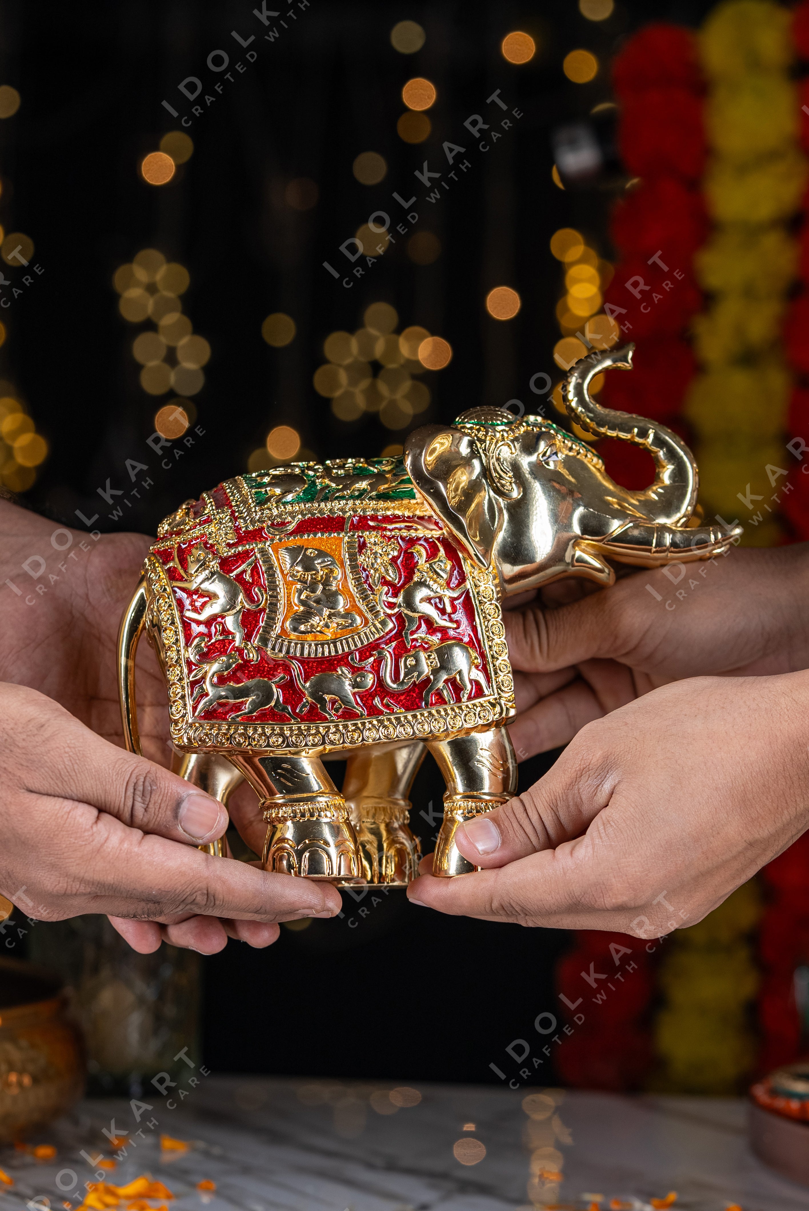 Gold-Red elephant Pair | Height: 8 in, 12 in | Idolkart