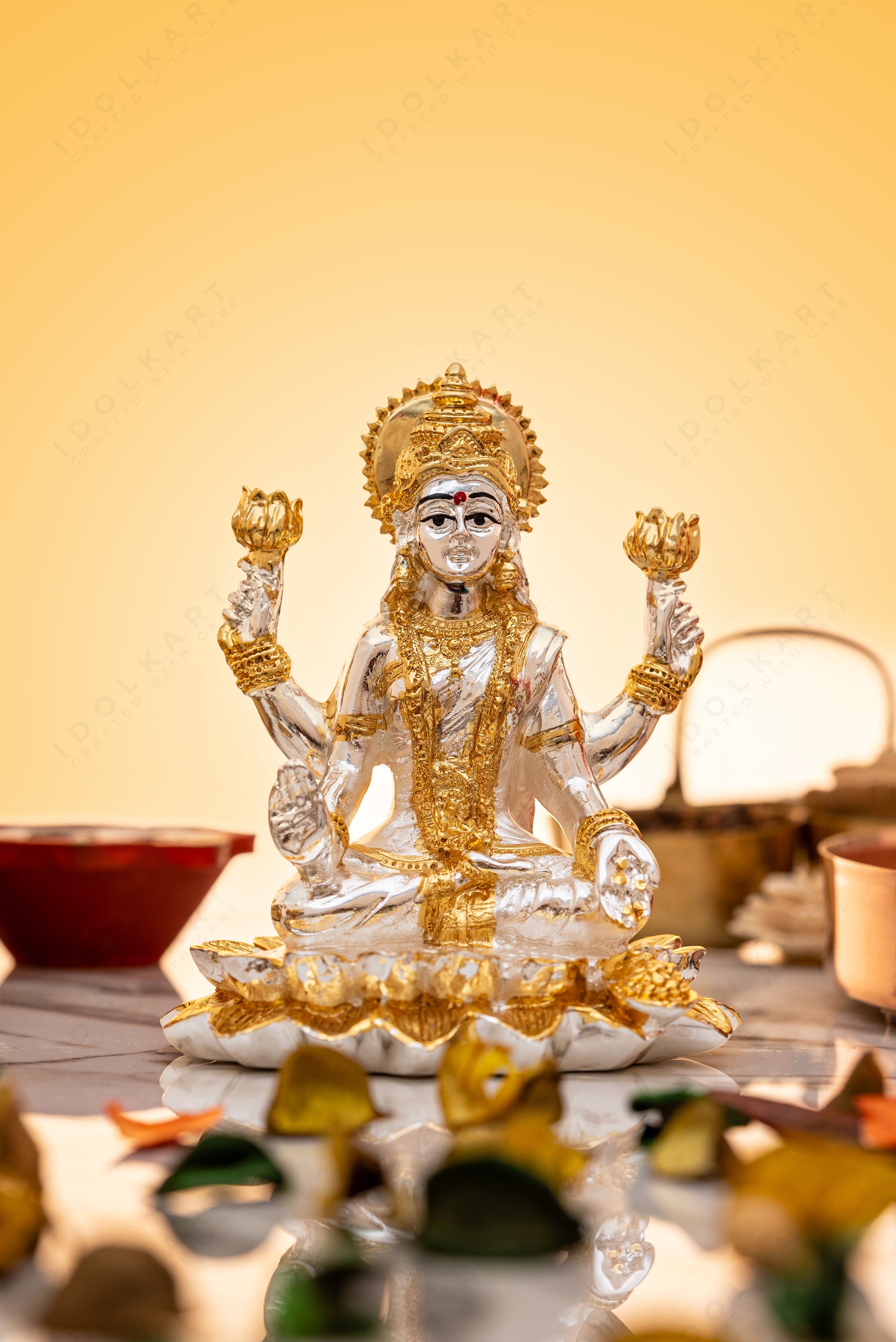 Silver Coated Lotus Laxmi Idol