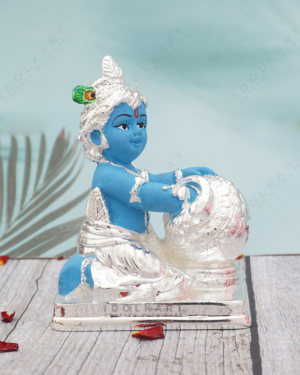 Silver Coated Krishna Idol | Makhanchor Krishna Murti | Idol of Lord Krishna | Makhan Chor Idol Kanhaji Matki | Krishna Murti for Home Office Décor