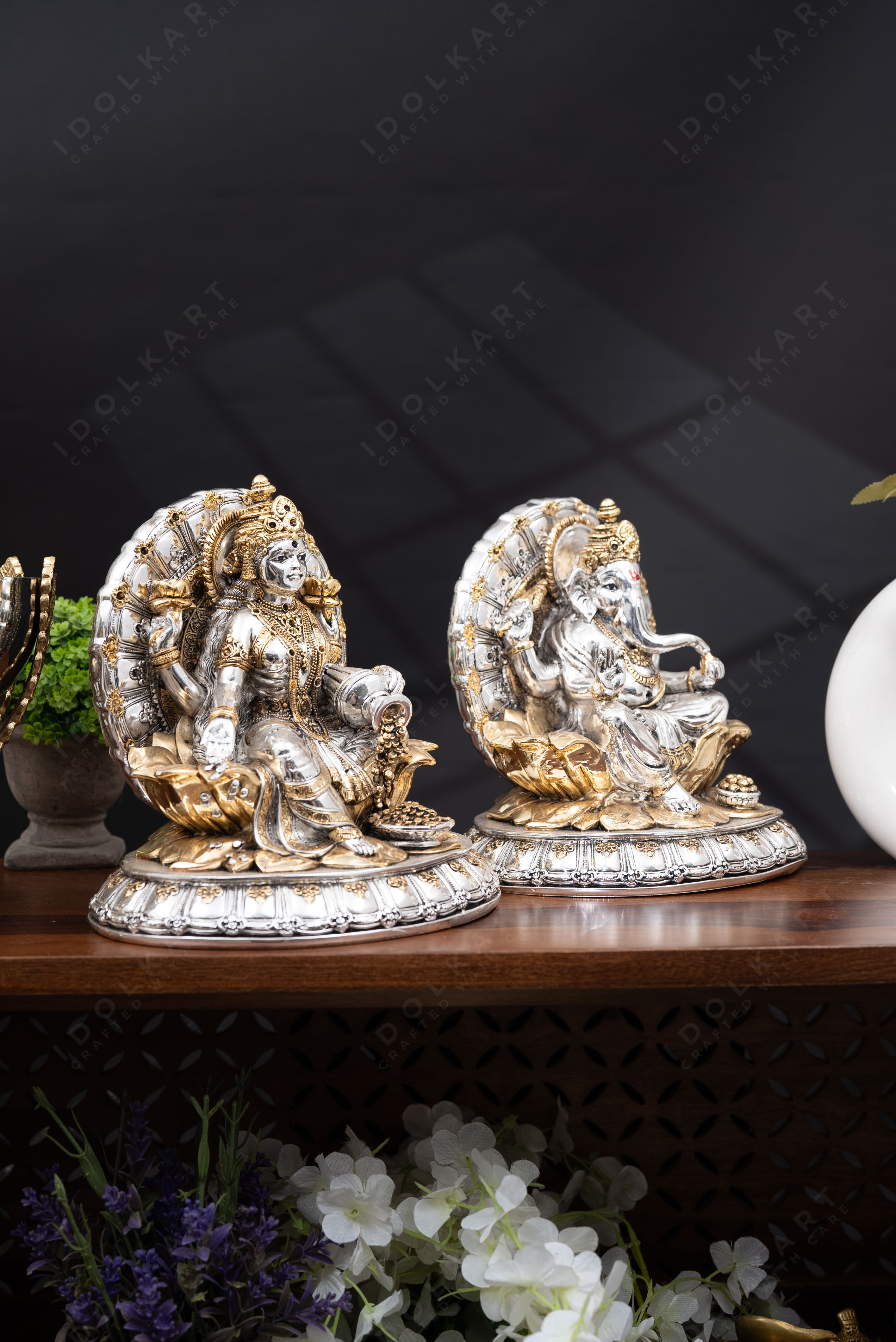 Silver & Gold Ganesha Lakshmi Pair Idol
