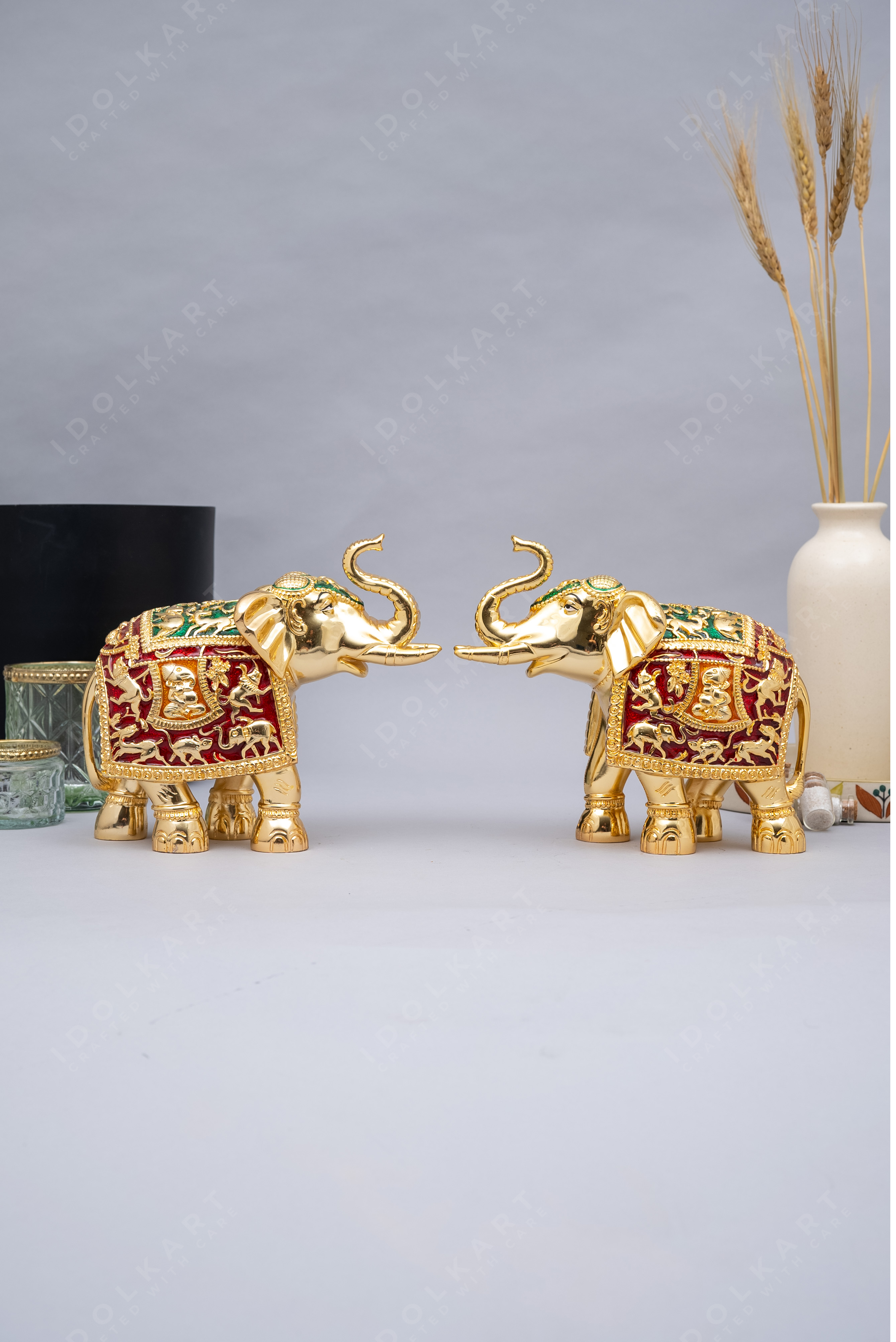 Gold-Red elephant Pair | Height: 8 in, 12 in | Idolkart