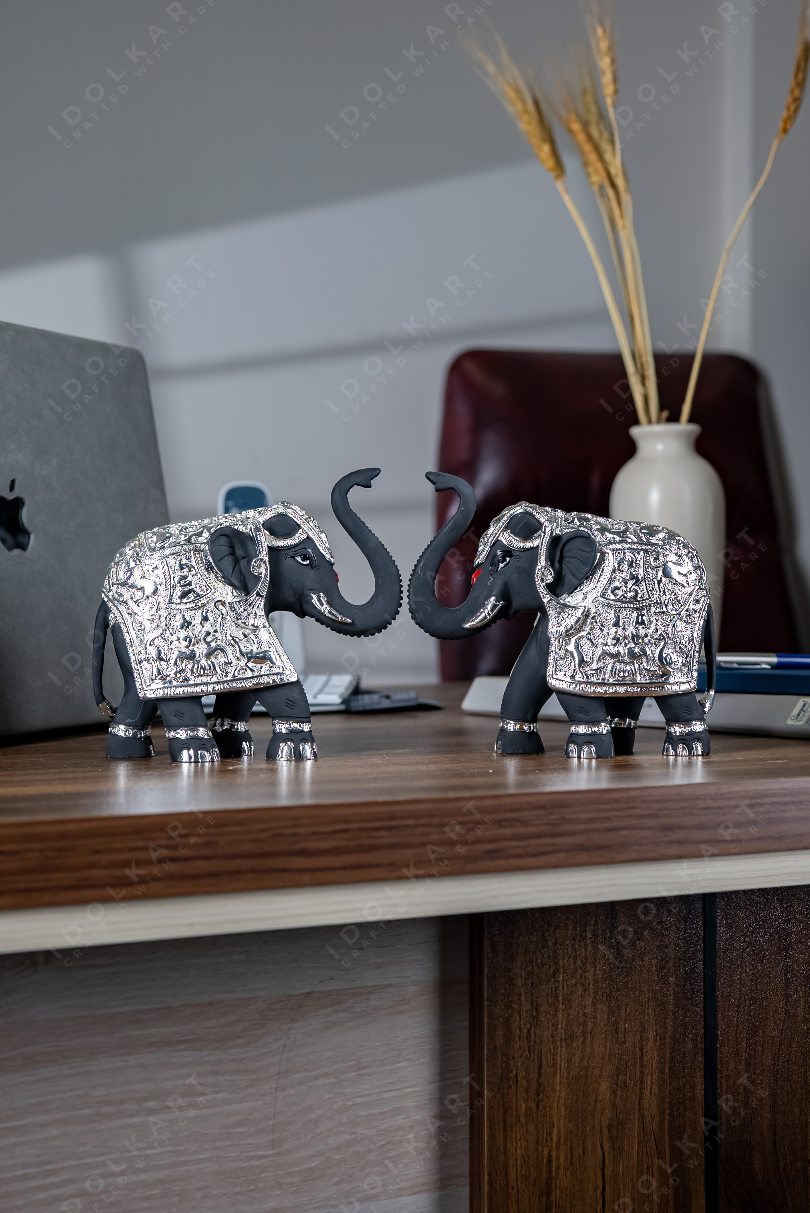 Products Pure Gold & Silver Coated Elephant Showpiece for Gifts Home Decor Marriages House Warming Diwali | Elephant Idol with Trunk Up For Vastu & Feng Shui | Pure Gold & Silver Home Decor Hathi - Set of 2