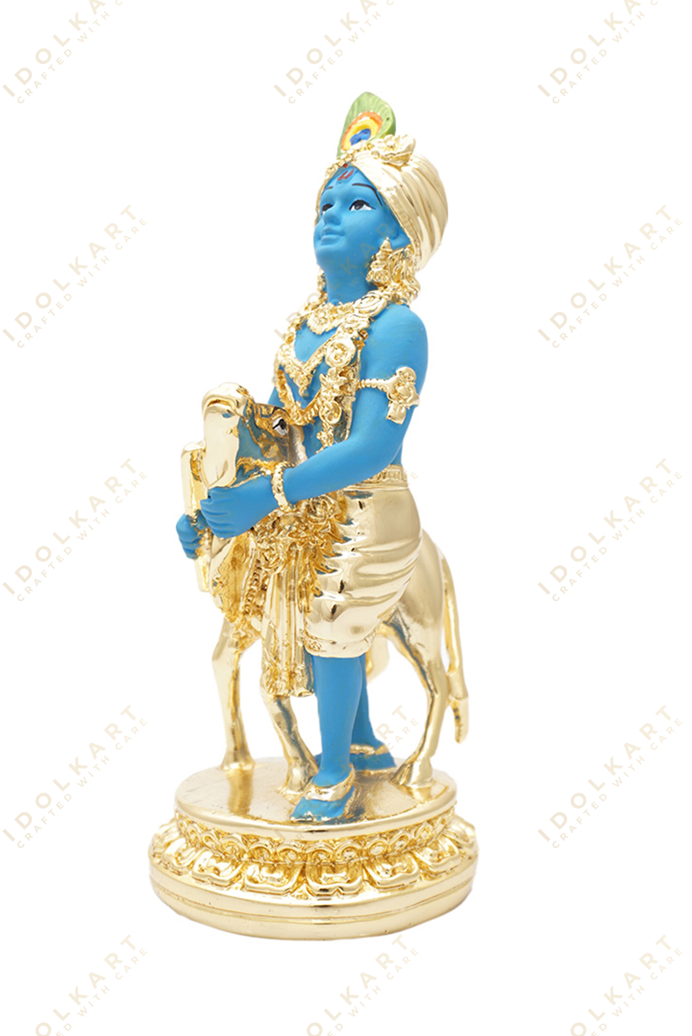 Gold Coated Krishna with Cow Idol - 6 Inch
