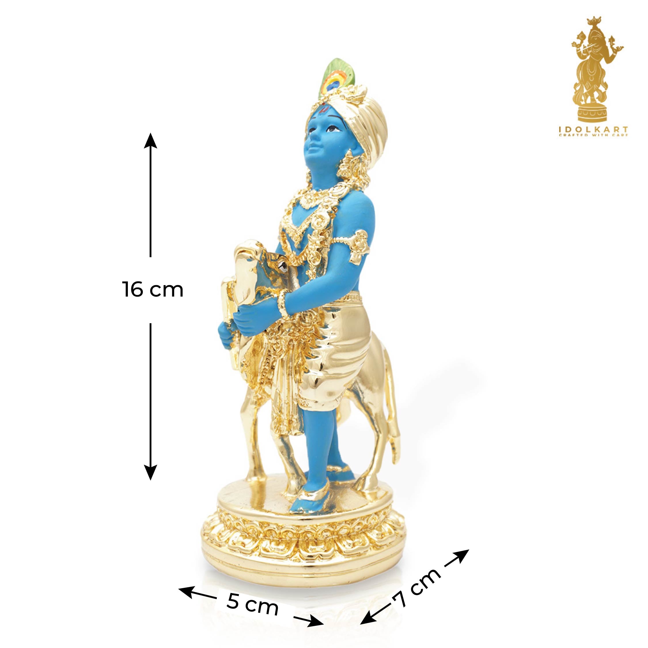 Gold Coated Krishna with Cow Idol | 6 inch