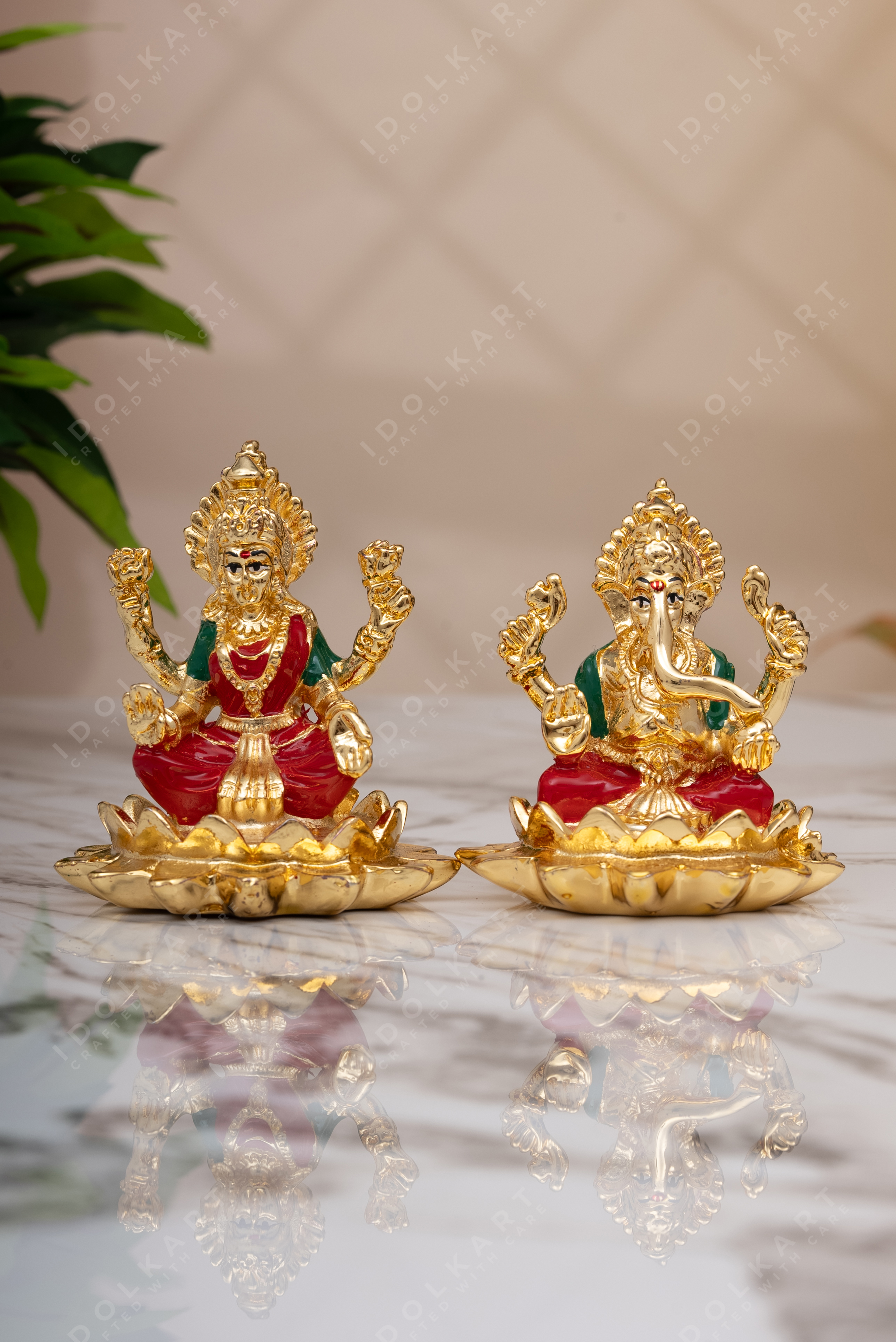 Gold Coated Ganesh Laxmi Murti Sitting on Lotus
