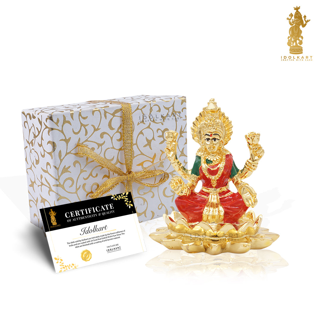 Gold Coated Lakshmi on Lotus Idol | 3 inch