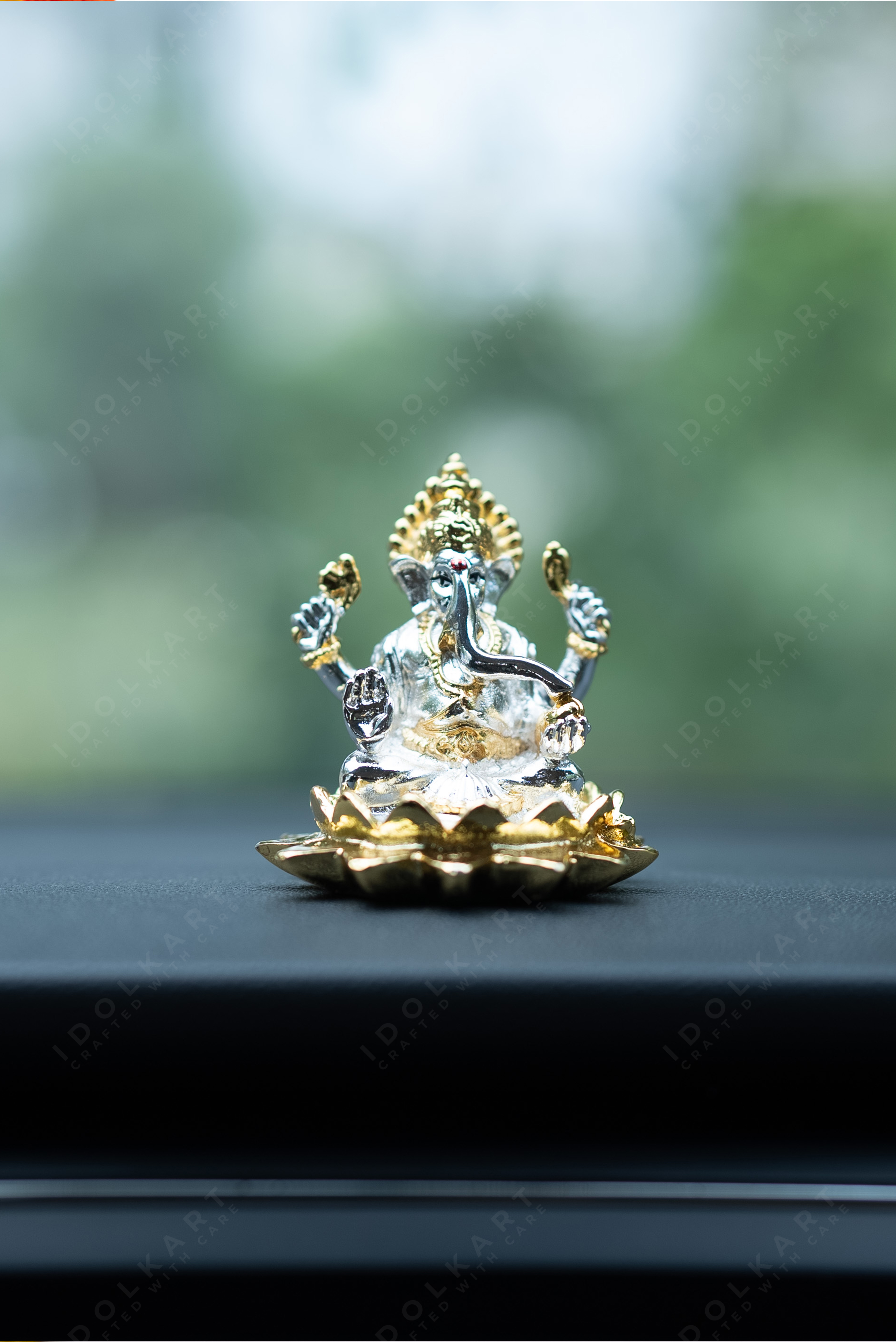 Gold & Silver Ganesha Idol on Lotus For Car Dashboard