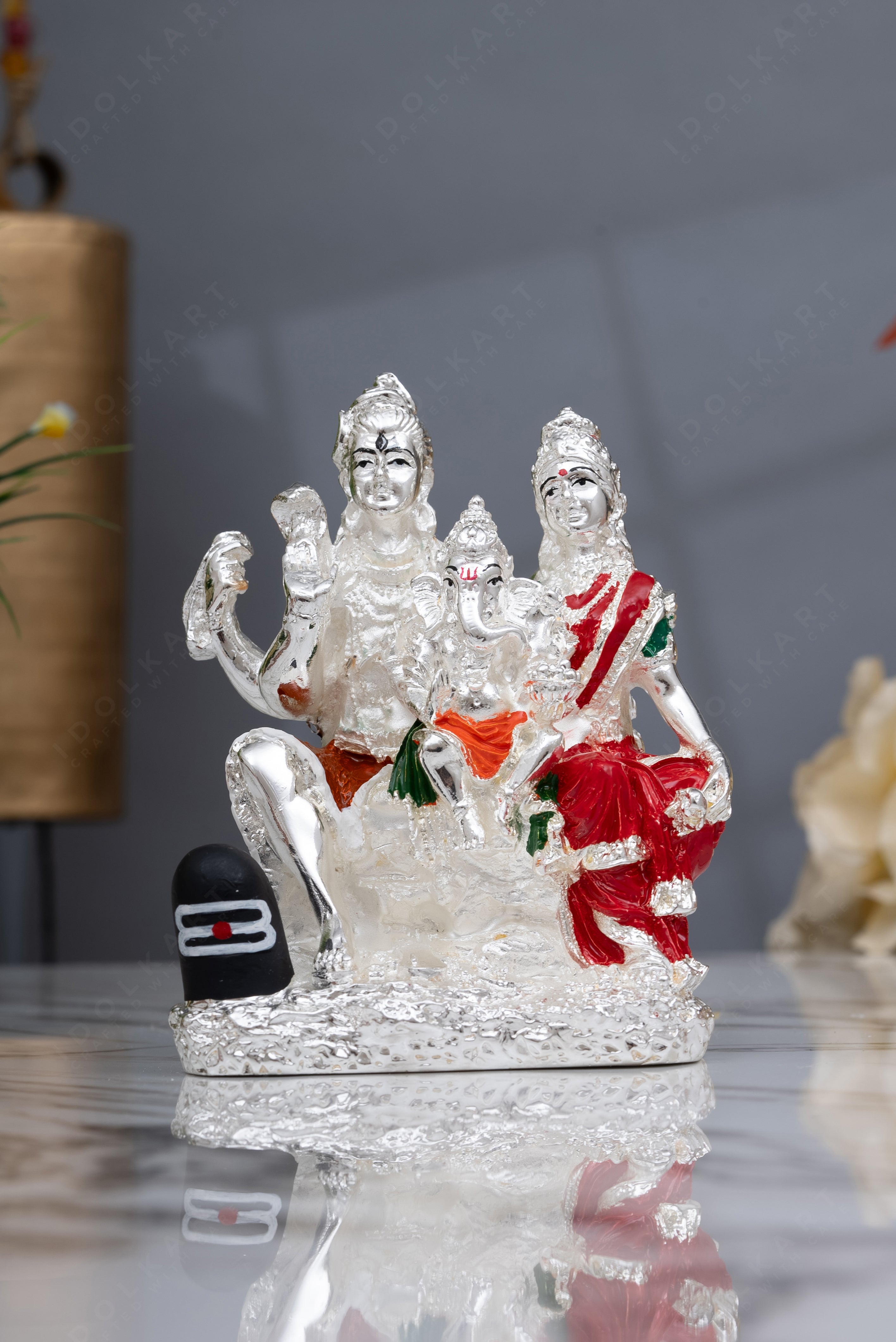 Silver Coated Shiva Parvati Statue with Ganesha for Home