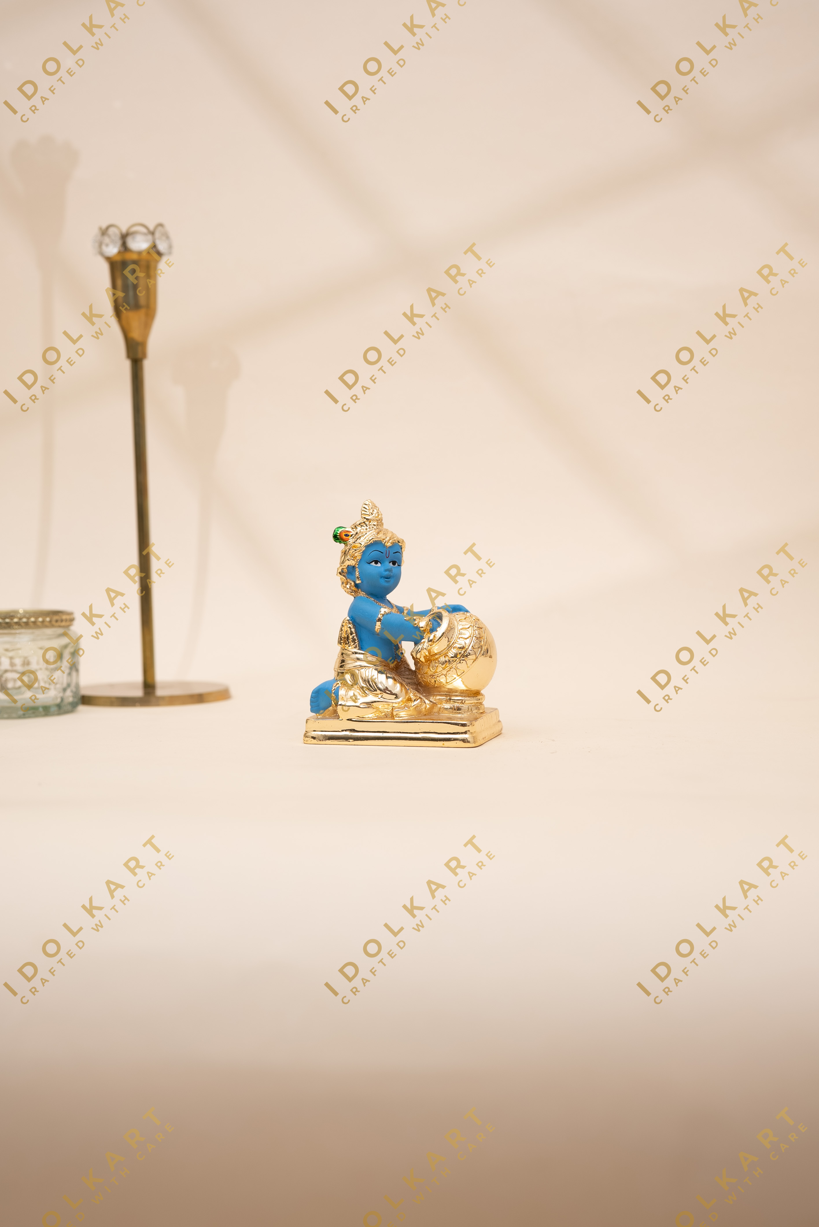 Gold Coated Blue Makhanchor Krishna Idol