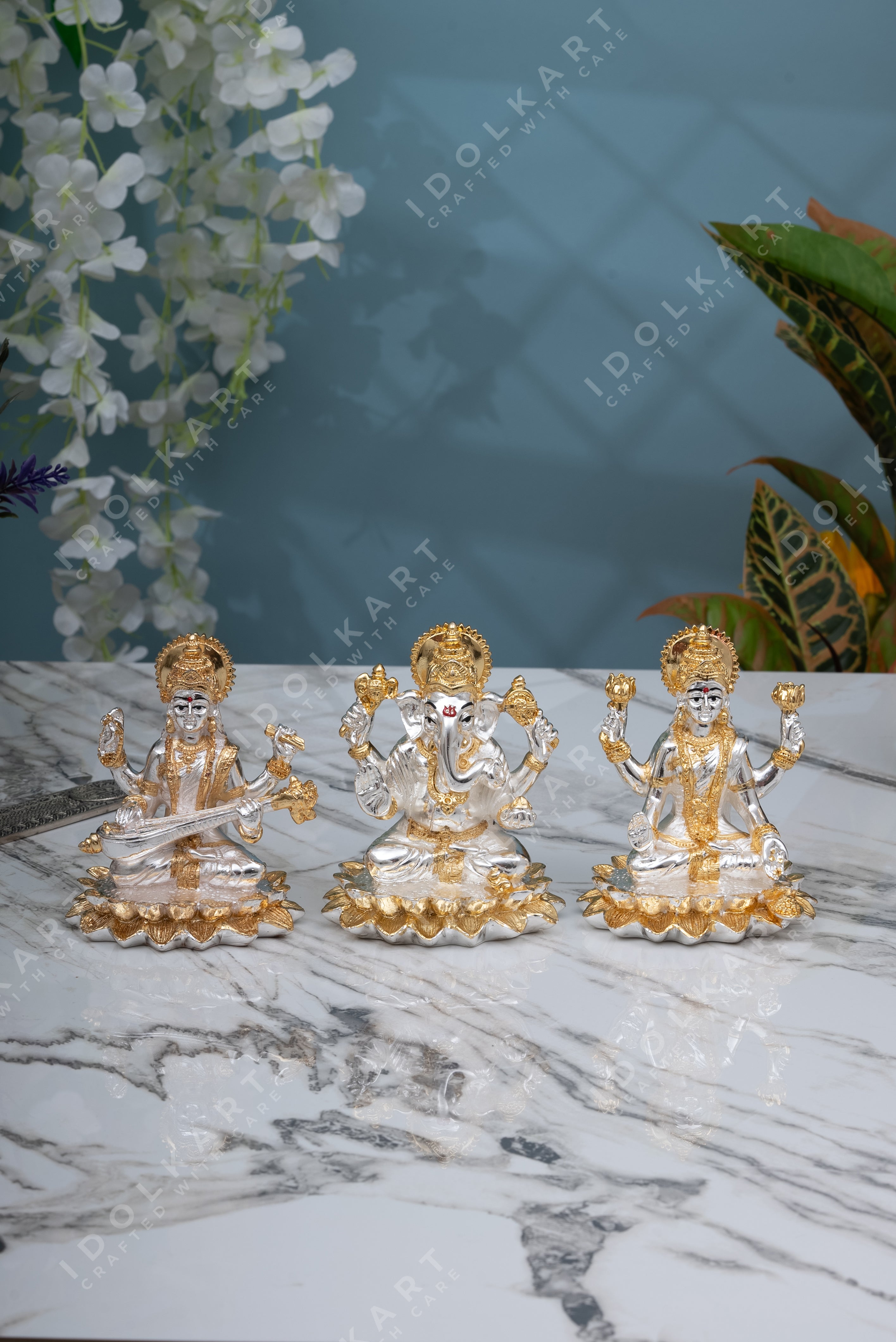 Ganesh, Lakshmi, Saraswati on Lotus | Idolkart