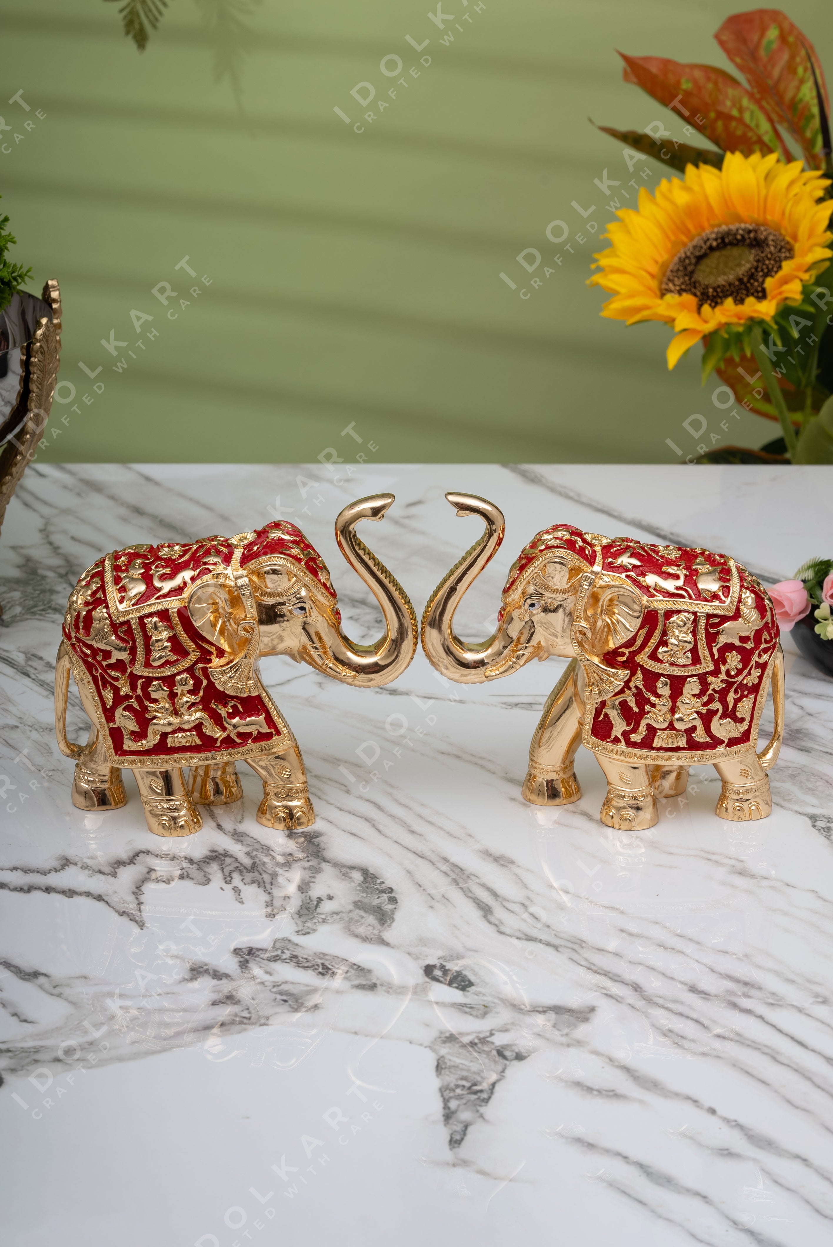 Products Pure Gold & Silver Coated Elephant Showpiece for Gifts Home Decor Marriages House Warming Diwali | Elephant Idol with Trunk Up For Vastu & Feng Shui | Pure Gold & Silver Home Decor Hathi - Set of 2