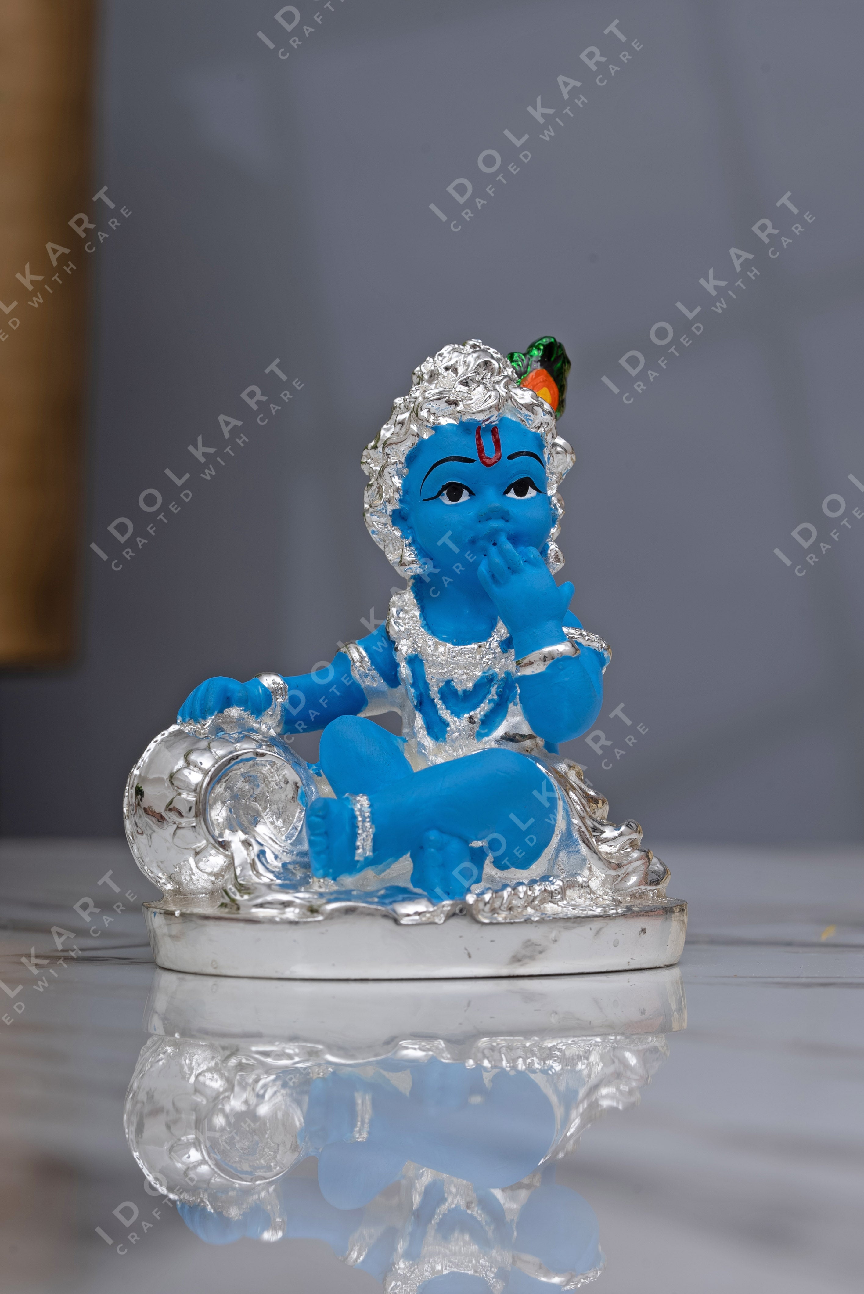 Silver Coated Makhanchor Baby Krishna Idol