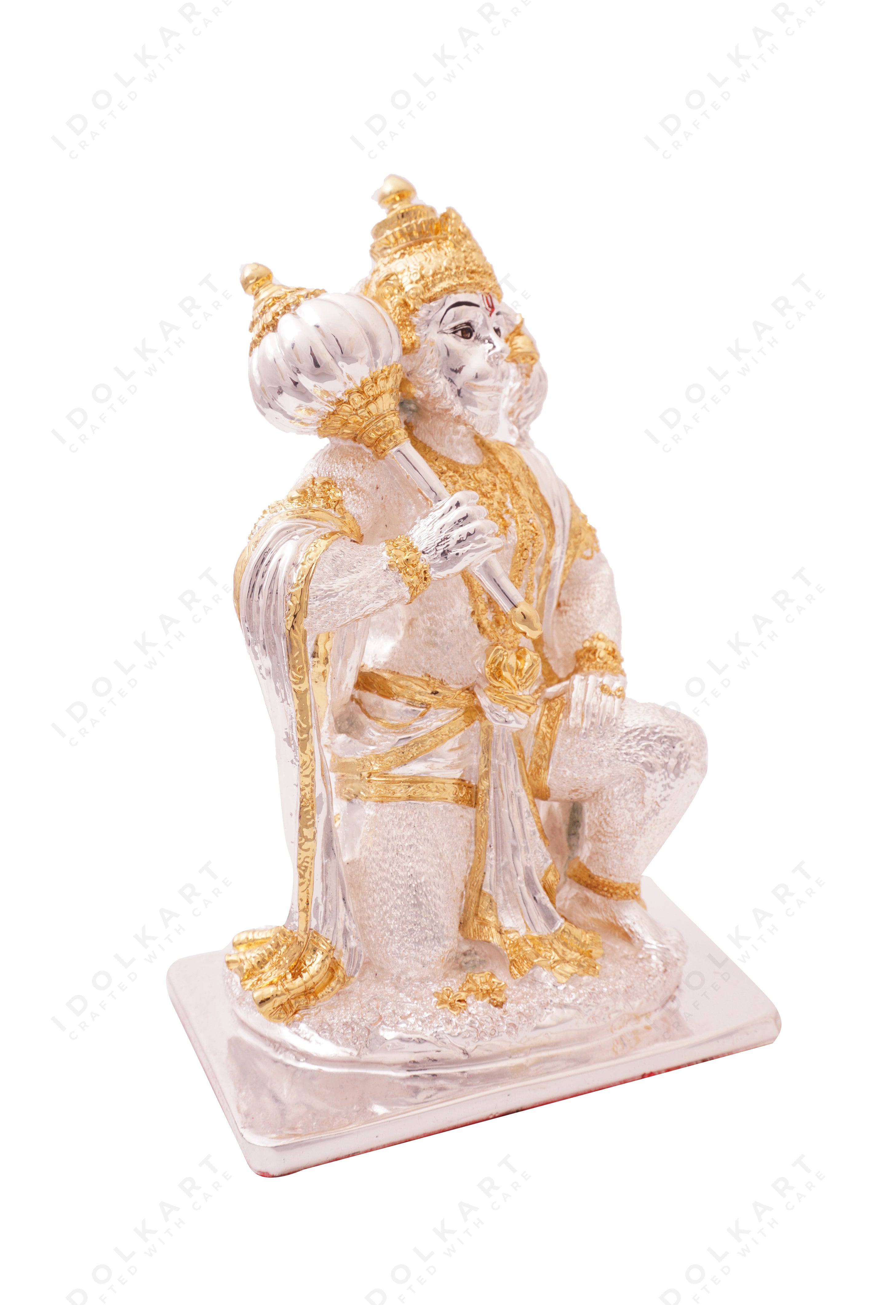 8 inch Pure Gold and Silver coated Hanuman Idol for Home Decor | Bajrangbali Murti for Mandir | Sitting Hanuman Murti with Hanuman Gada for Home Decor Office | Bajranbali Murti | Pure Gold Gifts for Diwali, House Warming, Wedding Gift