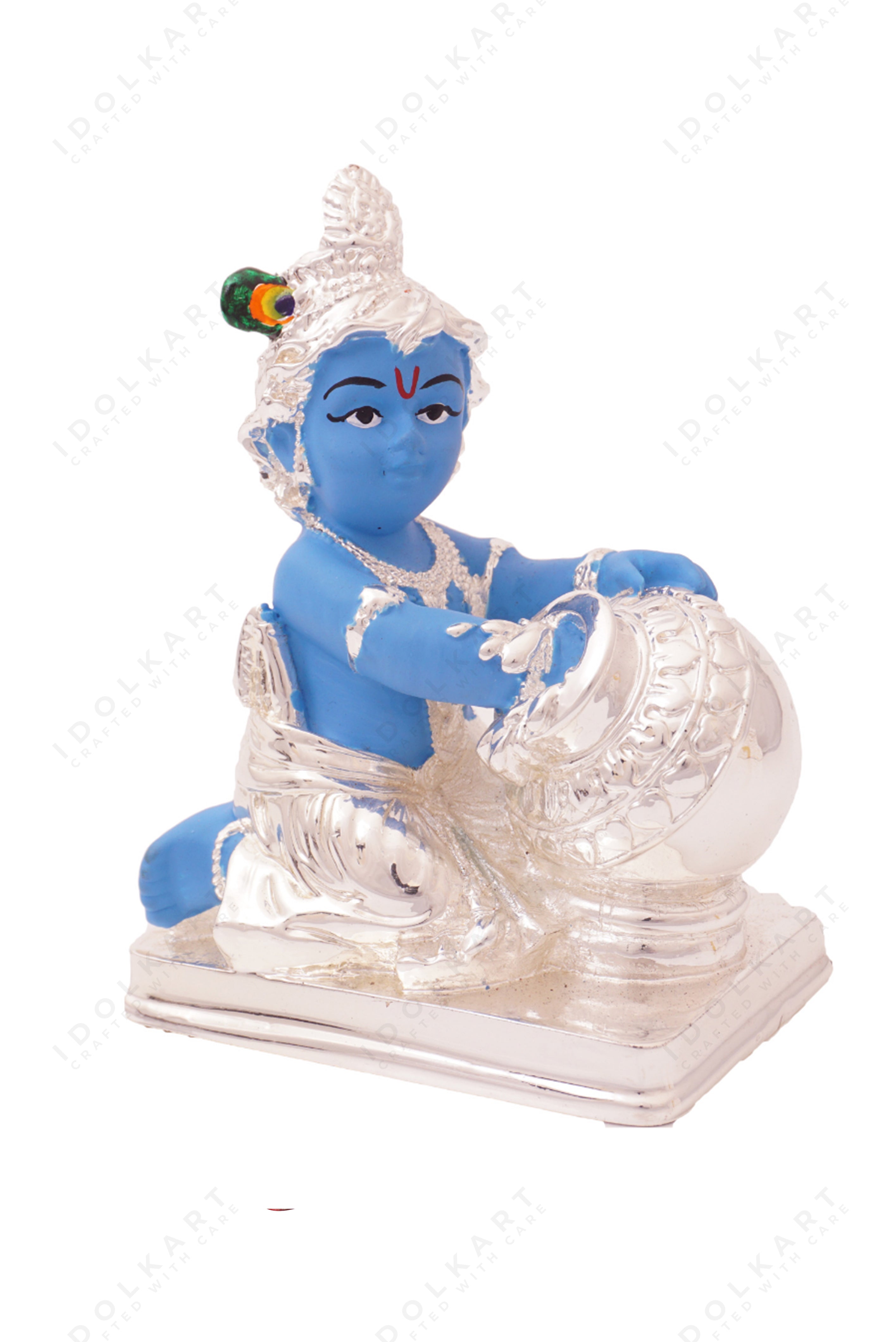 Silver Coated Krishna Idol | Makhanchor Krishna Murti | Idol of Lord Krishna | Makhan Chor Idol Kanhaji Matki | Krishna Murti for Home Office Décor