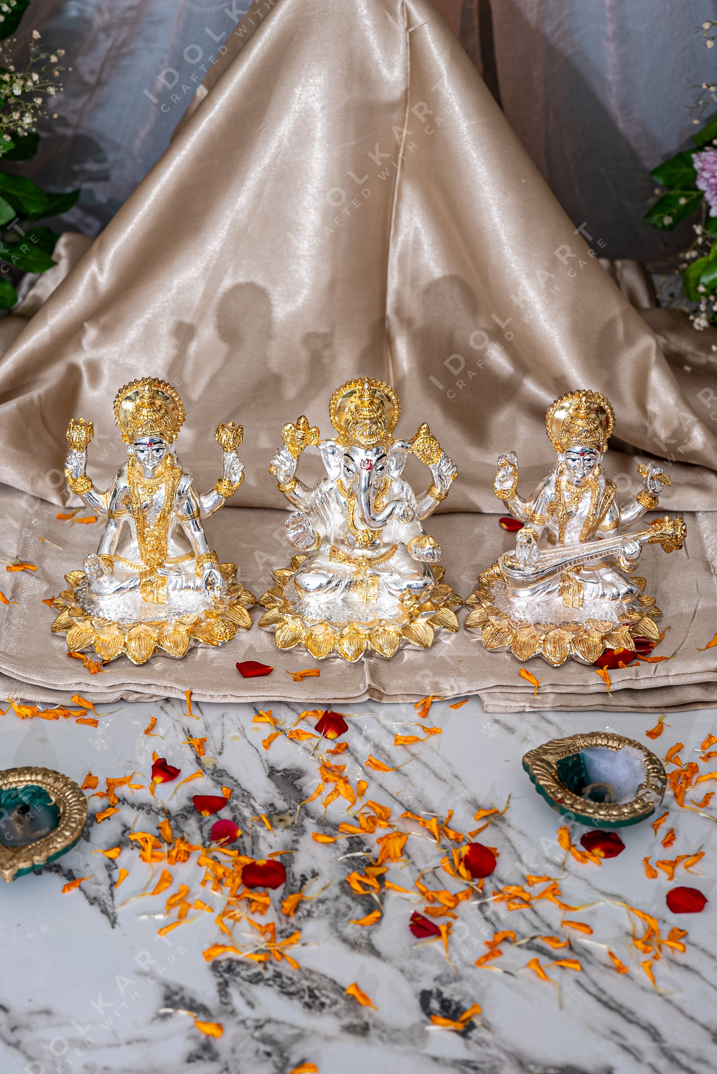Gold and Silver Coated Lotus Ganesha, Laxmi, Saraswati set (5 inch)