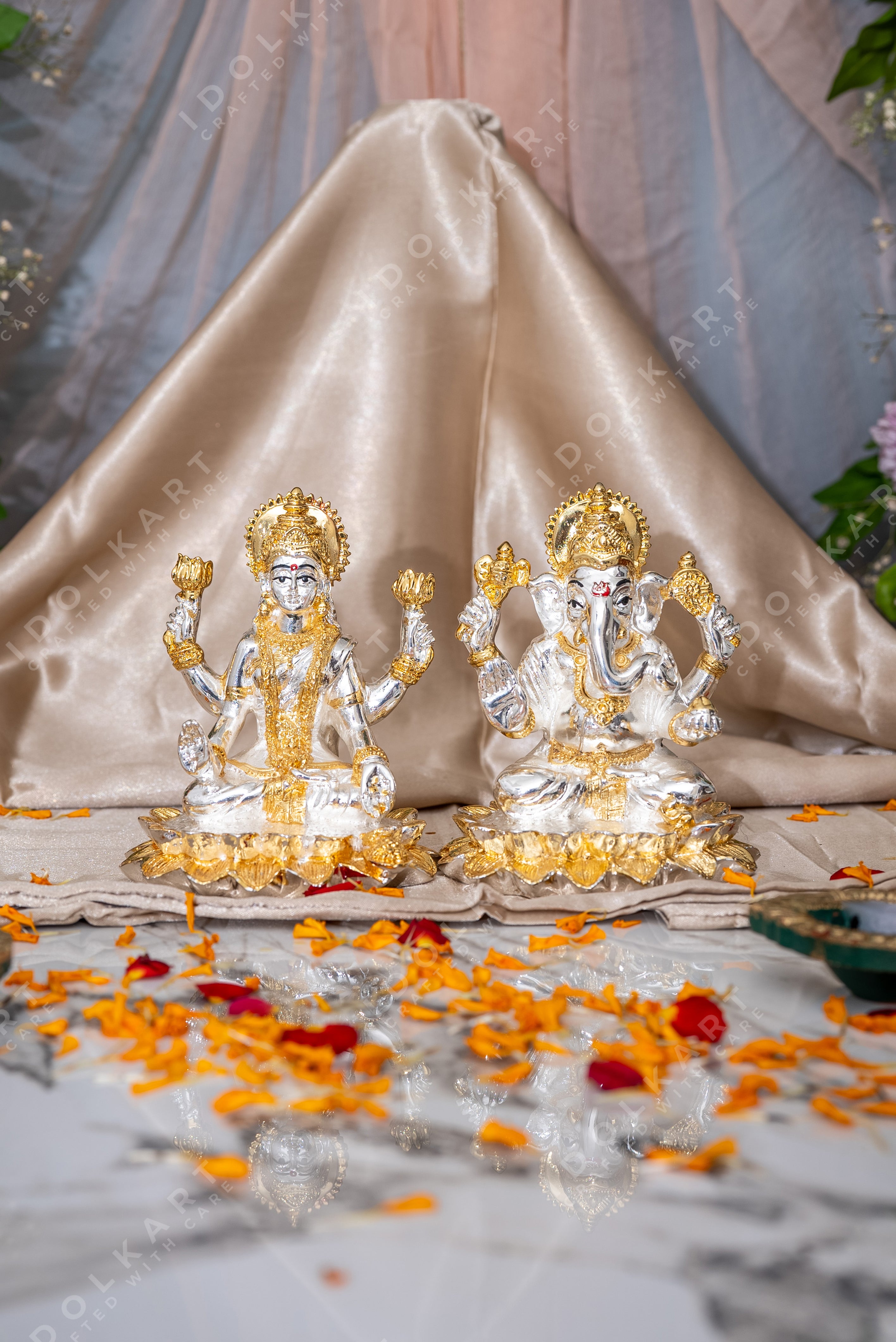 Silver & Gold Ganesha and Lakshmi Murti on Lotus