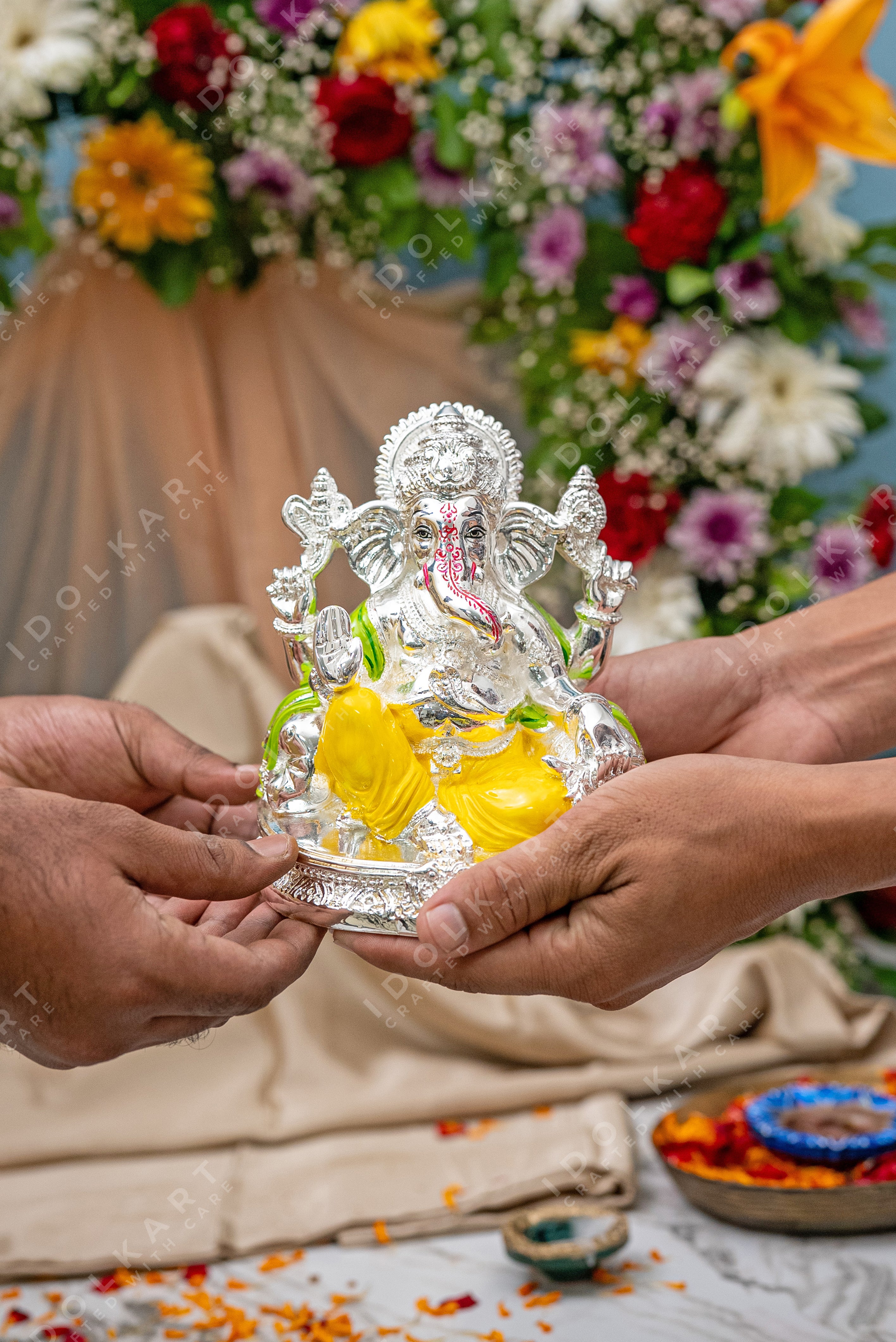 Silver Ganesha Idol on Singhasan - 6 Inch