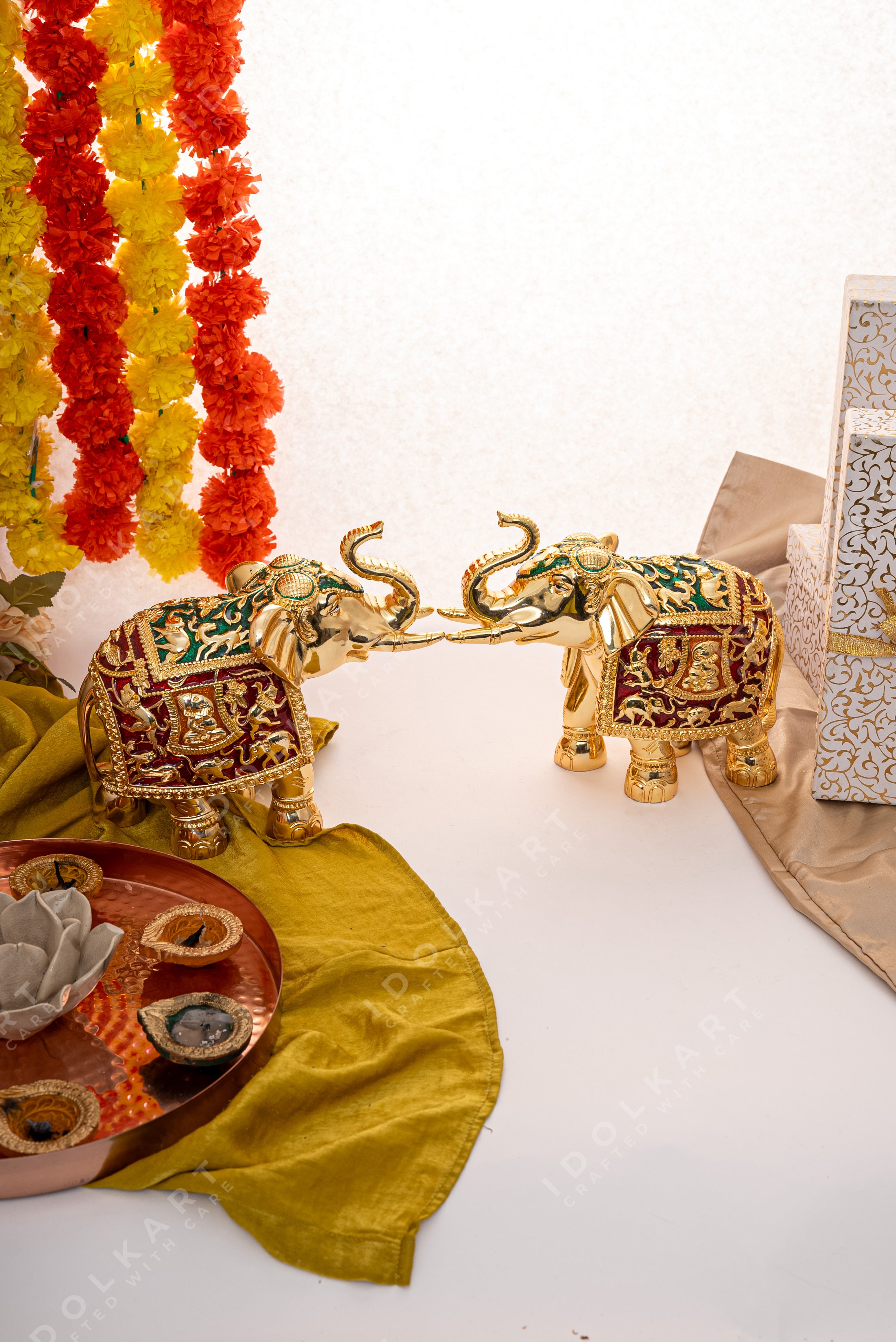 Gold-Red elephant Pair | Height: 8 in, 12 in | Idolkart