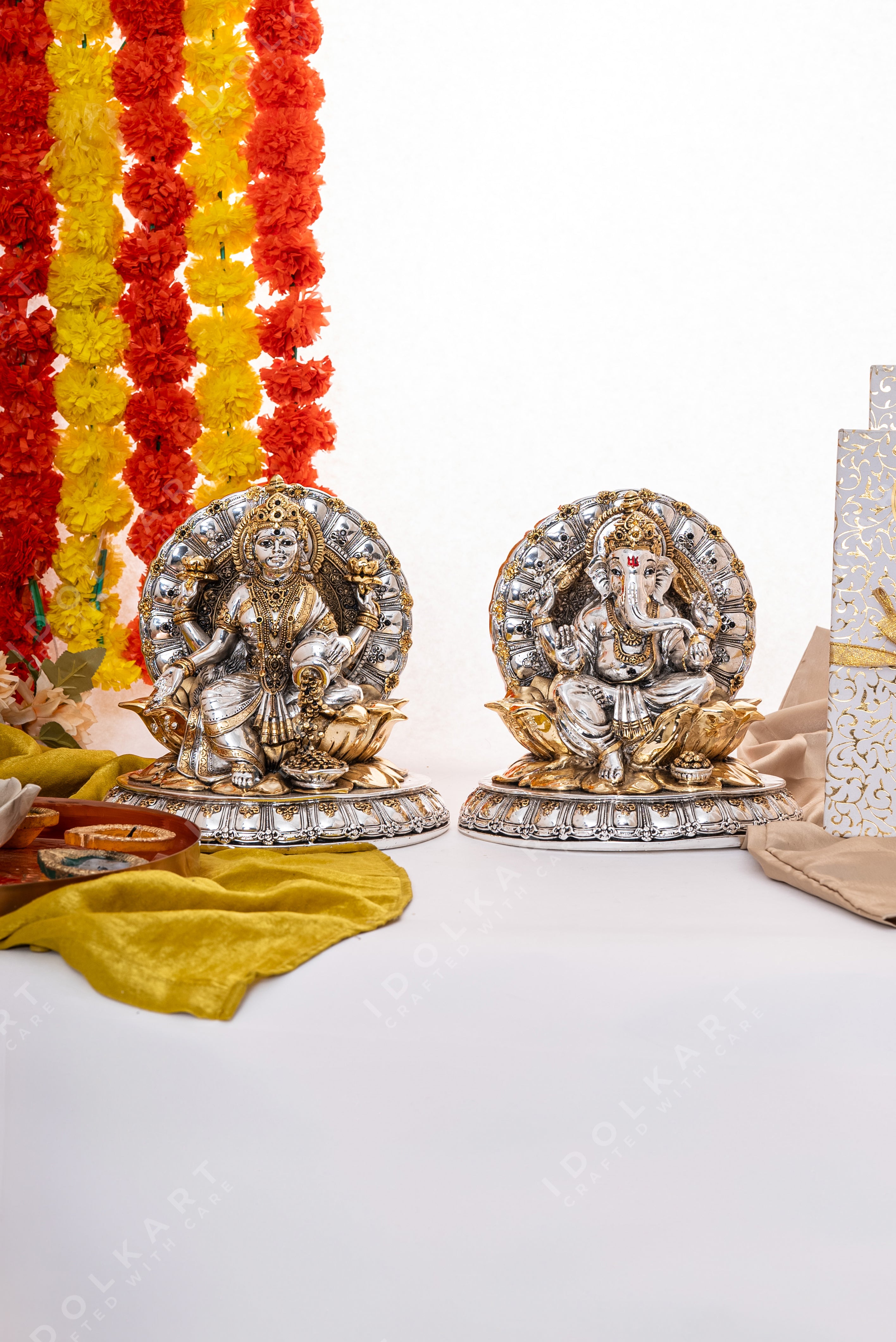 Gold & Silver Ganesha Lakshmi Pair Idol