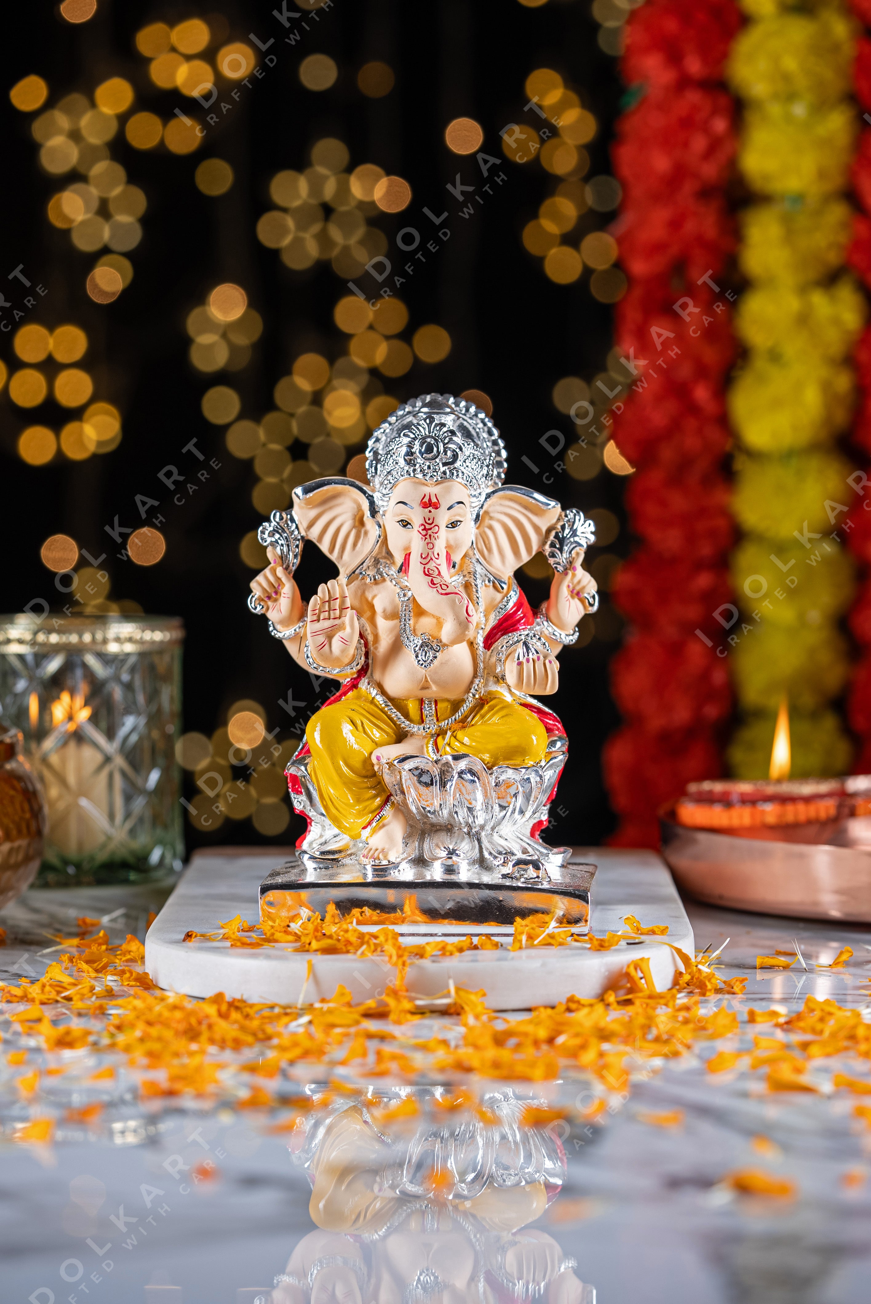 Pure Silver Coated Ganesha Lakshmi Murti | Laxmi Ganesh Idol Sitting on Lotus for Home Office Pooja Room Decor | Pure Silver Gift Item for Home Office Warming Wedding Marriage Diwali Dhanteras