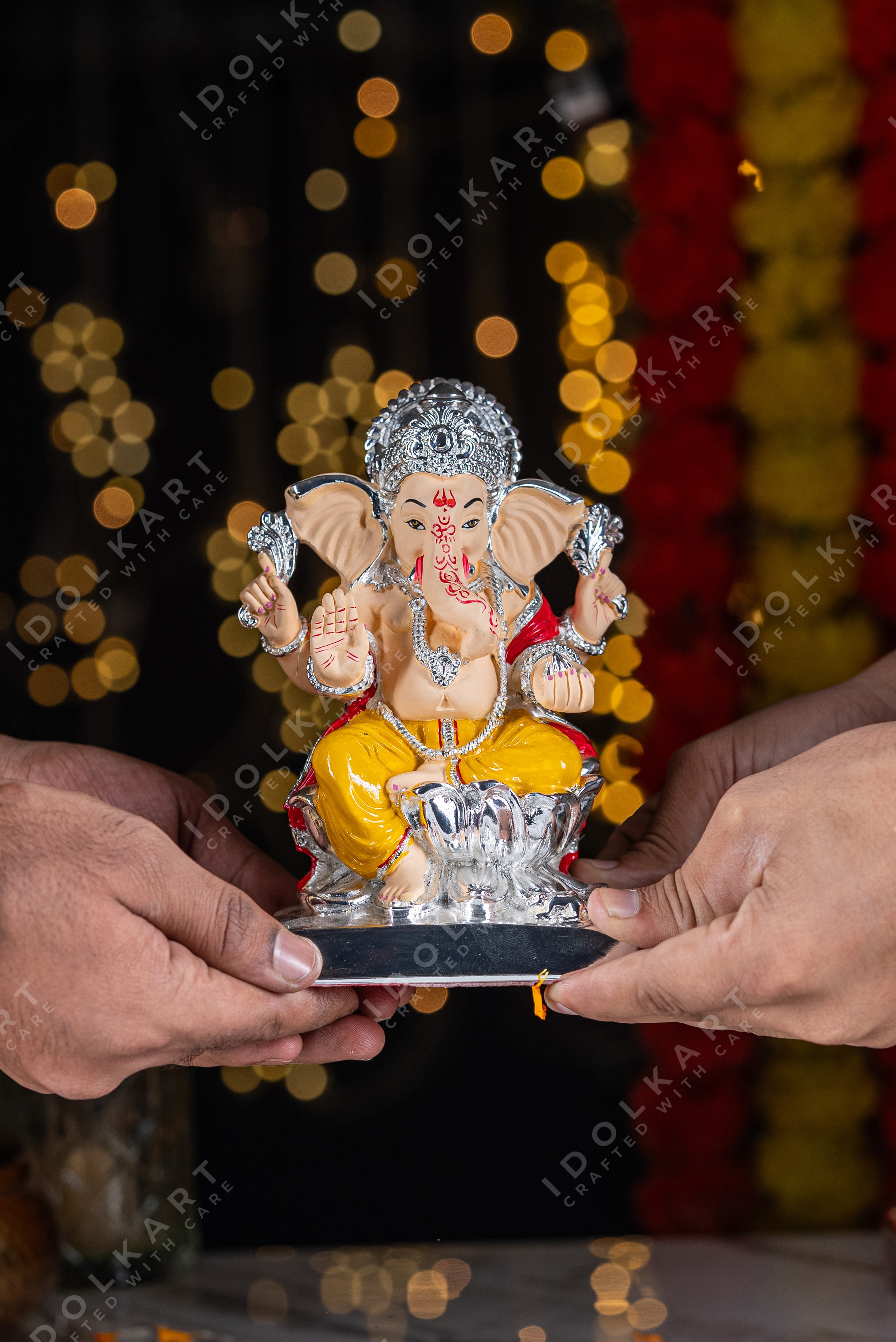 Pure Silver Coated Ganesha Lakshmi Murti | Laxmi Ganesh Idol Sitting on Lotus for Home Office Pooja Room Decor | Pure Silver Gift Item for Home Office Warming Wedding Marriage Diwali Dhanteras