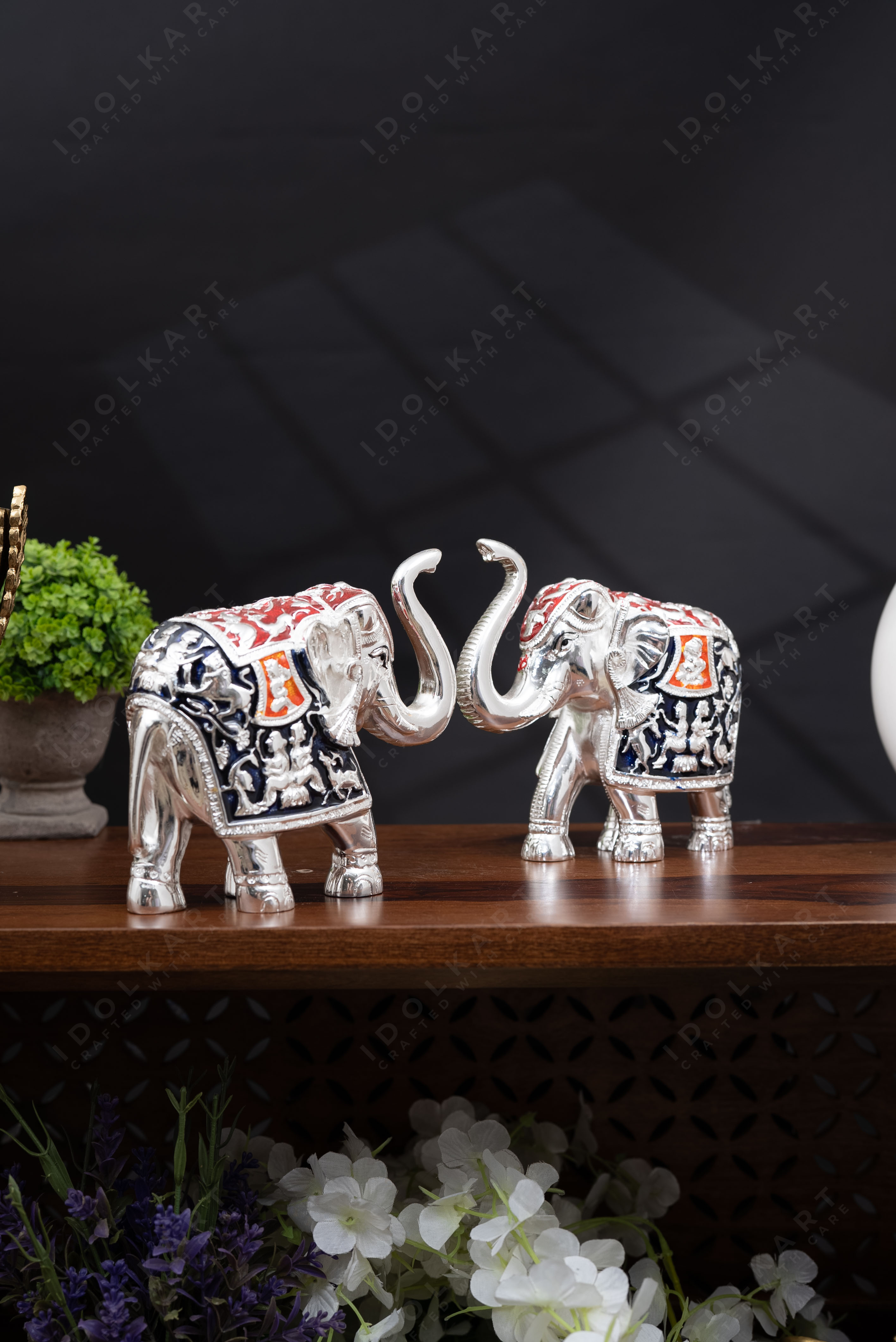 Silver-Blue Elephant Pair | Height: 2 in, 3 in, 4 in, 6 in | Idolkart