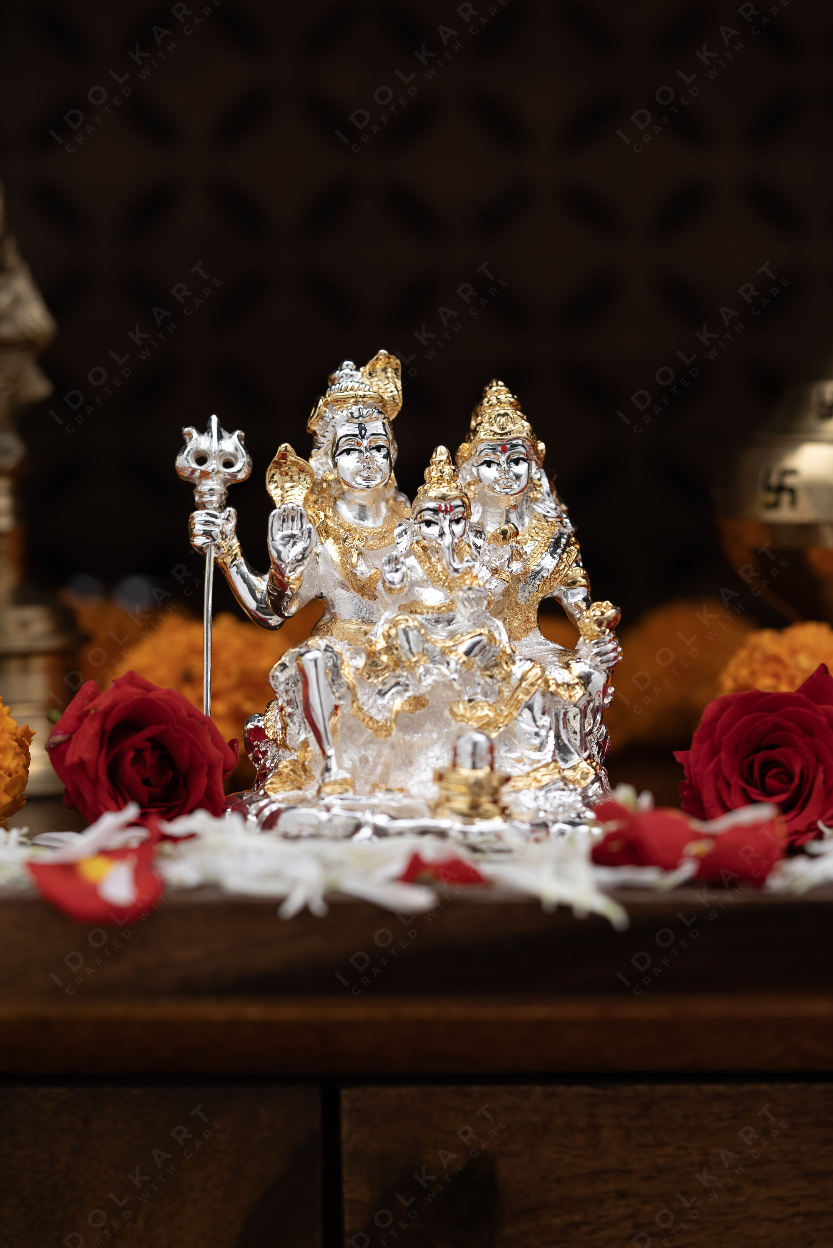 Gold & Silver Shiva Parvati Statue with Ganesha | 3 in | Idolkart