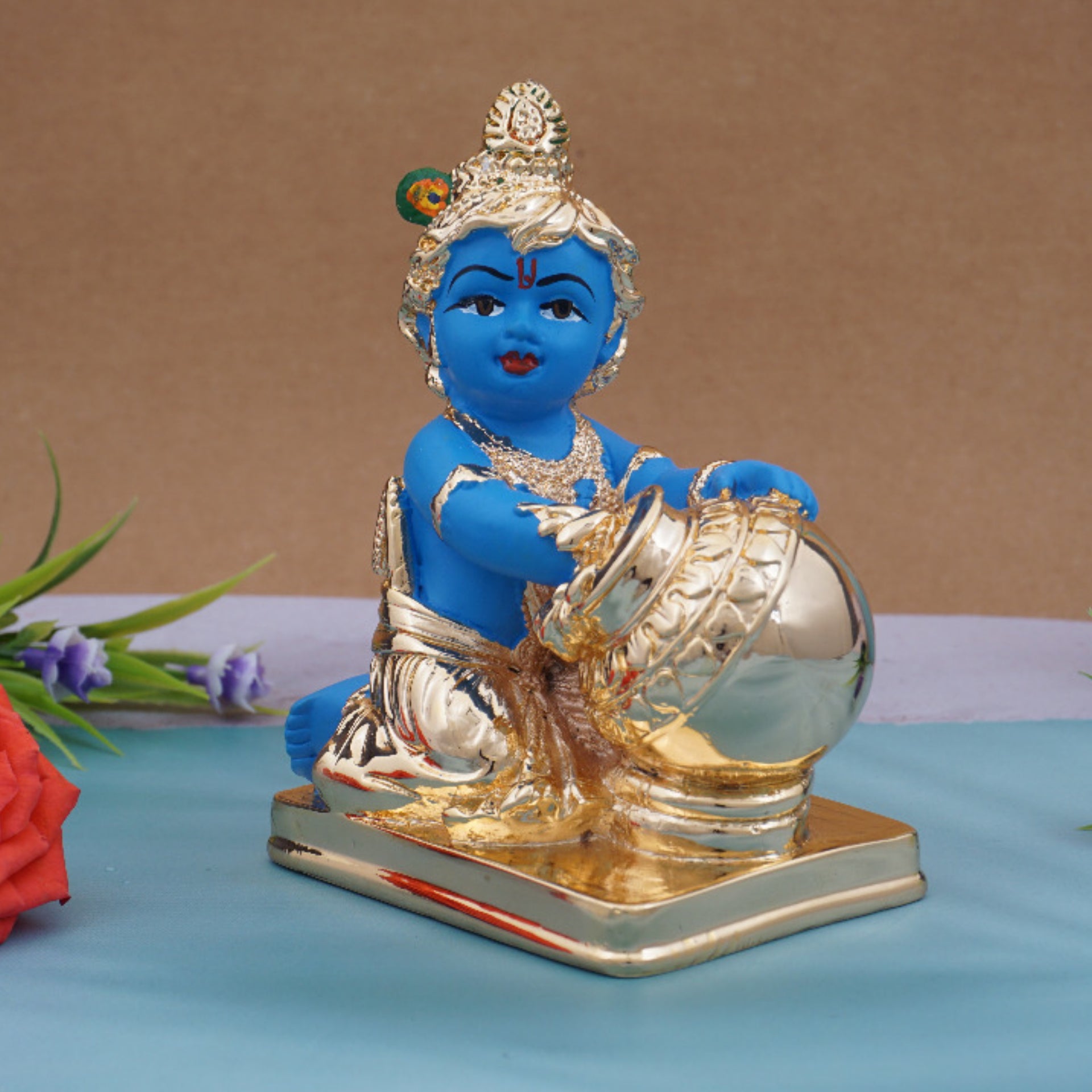 Original Gold Coated Blue Makhanchor Krishna Idol
