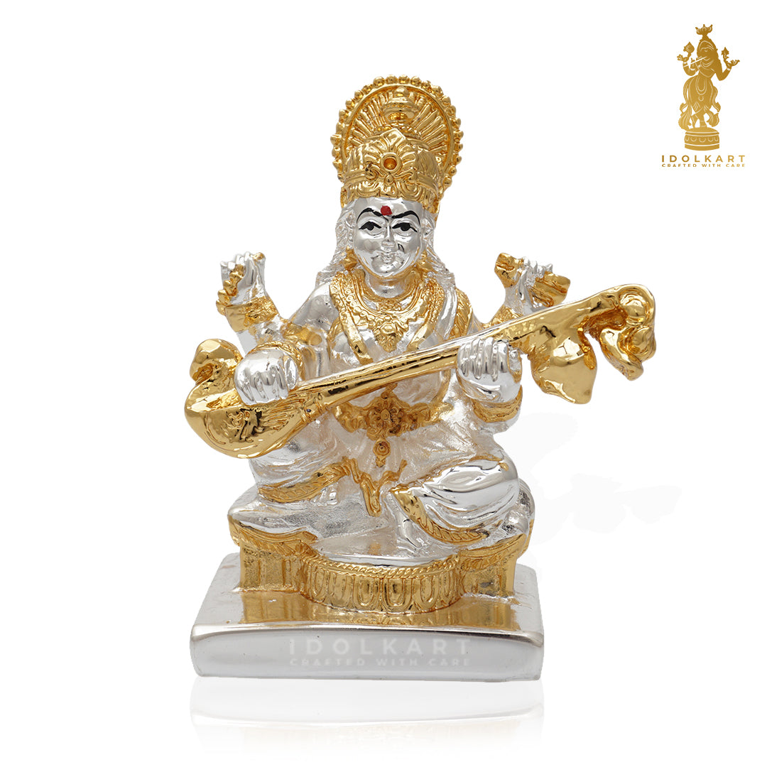 Pure Gold and Silver Coated Singhasan Saraswati Maa | 4inch